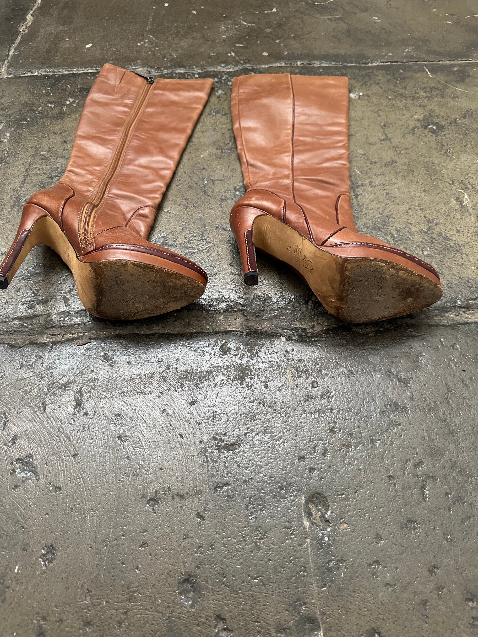 Brown Leather Stiletto Boots - Size 7