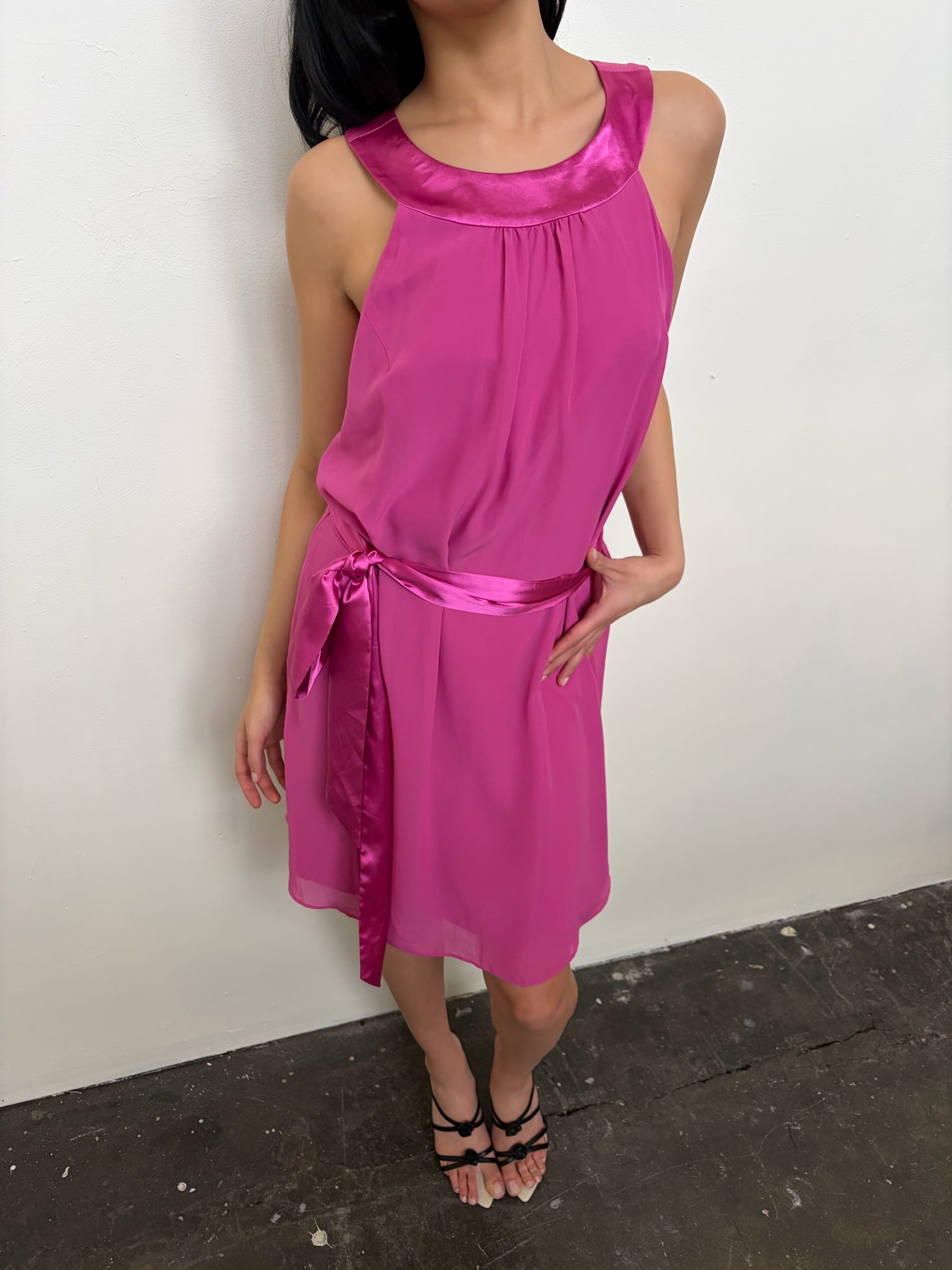 Hot Pink Satin Tie Midi Dress - Size M/L