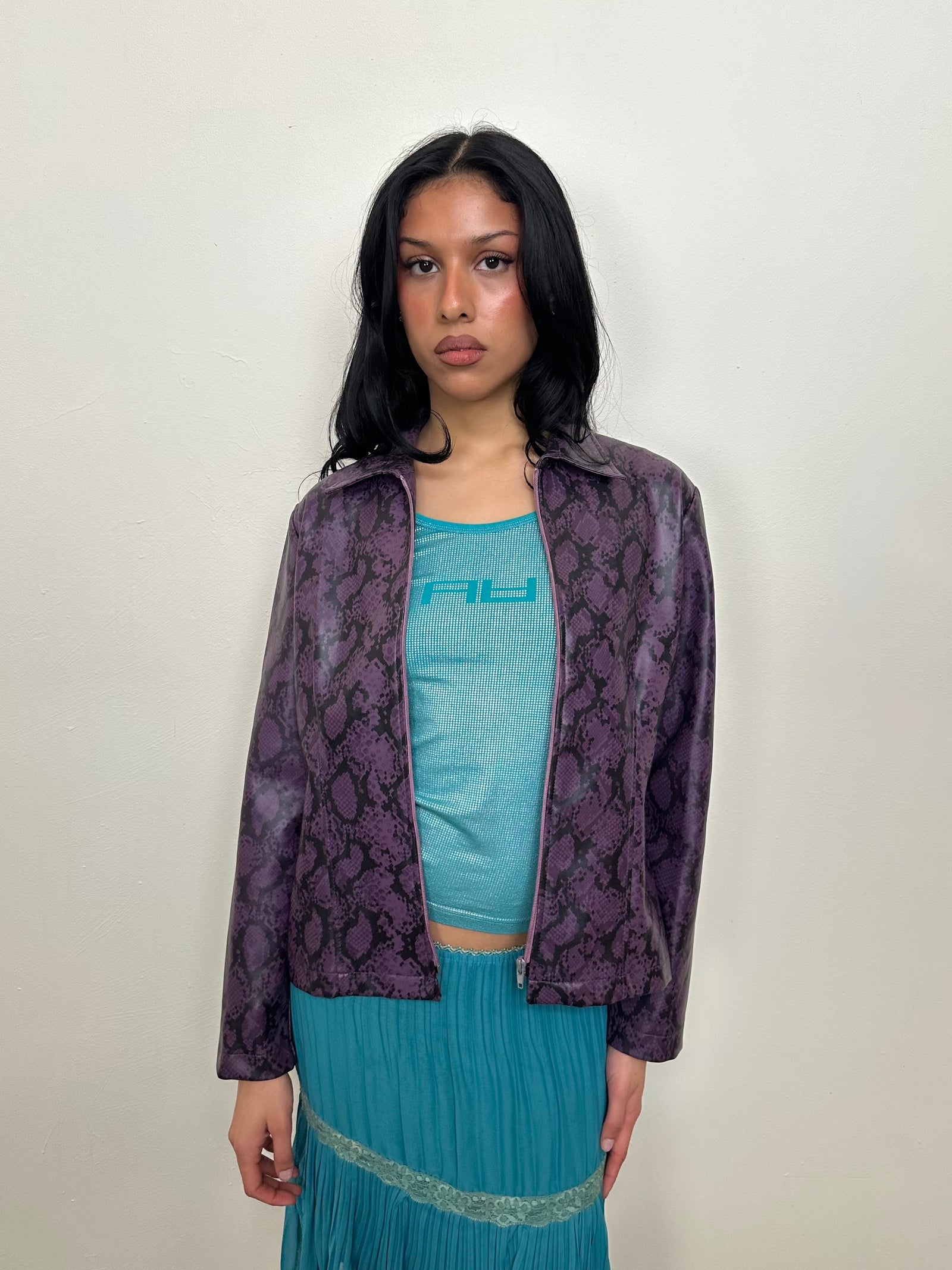 Deep Purple Snake Print Faux Leather Jacket - Size M