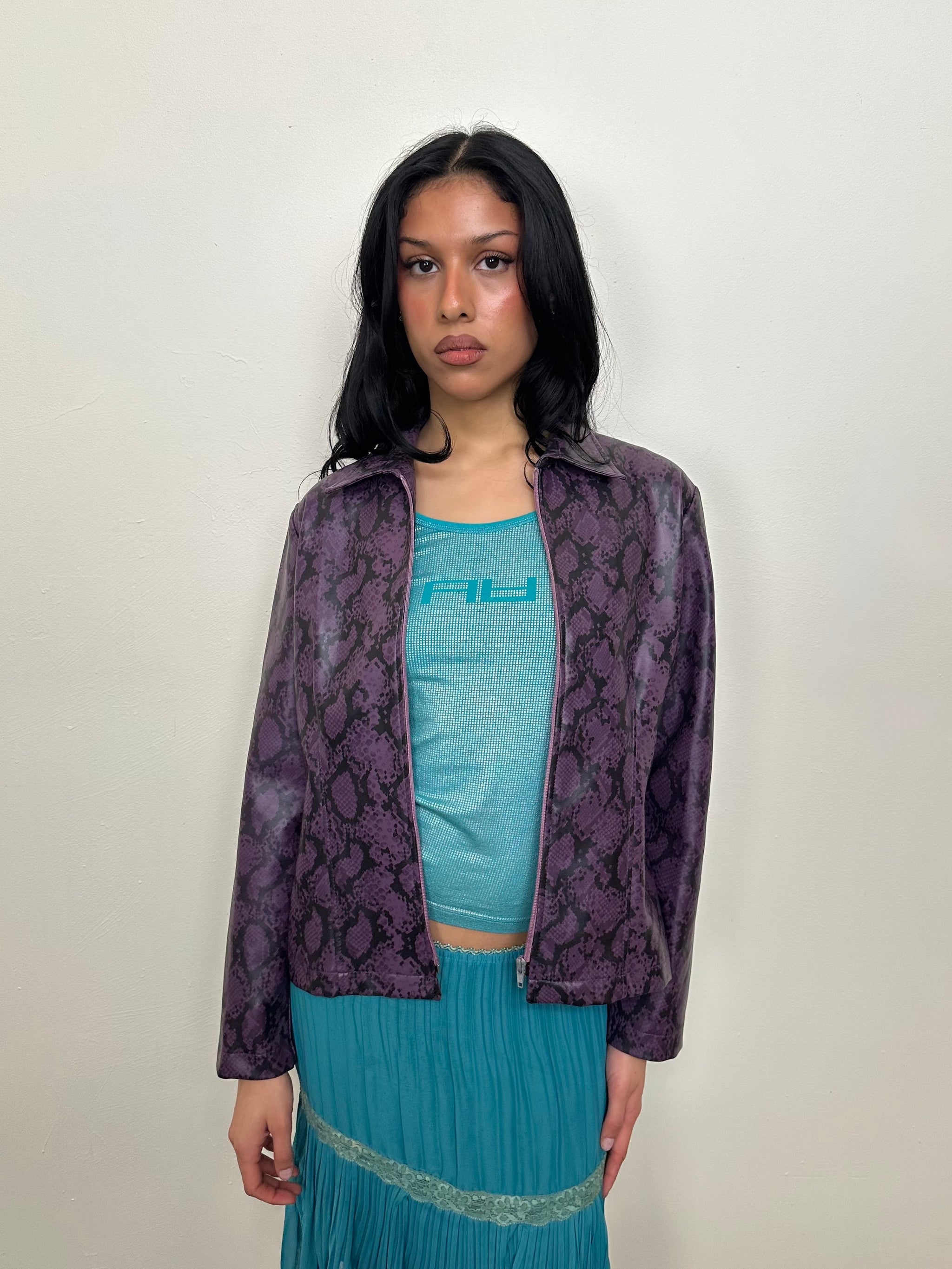 Deep Purple Snake Print Faux Leather Jacket - Size M