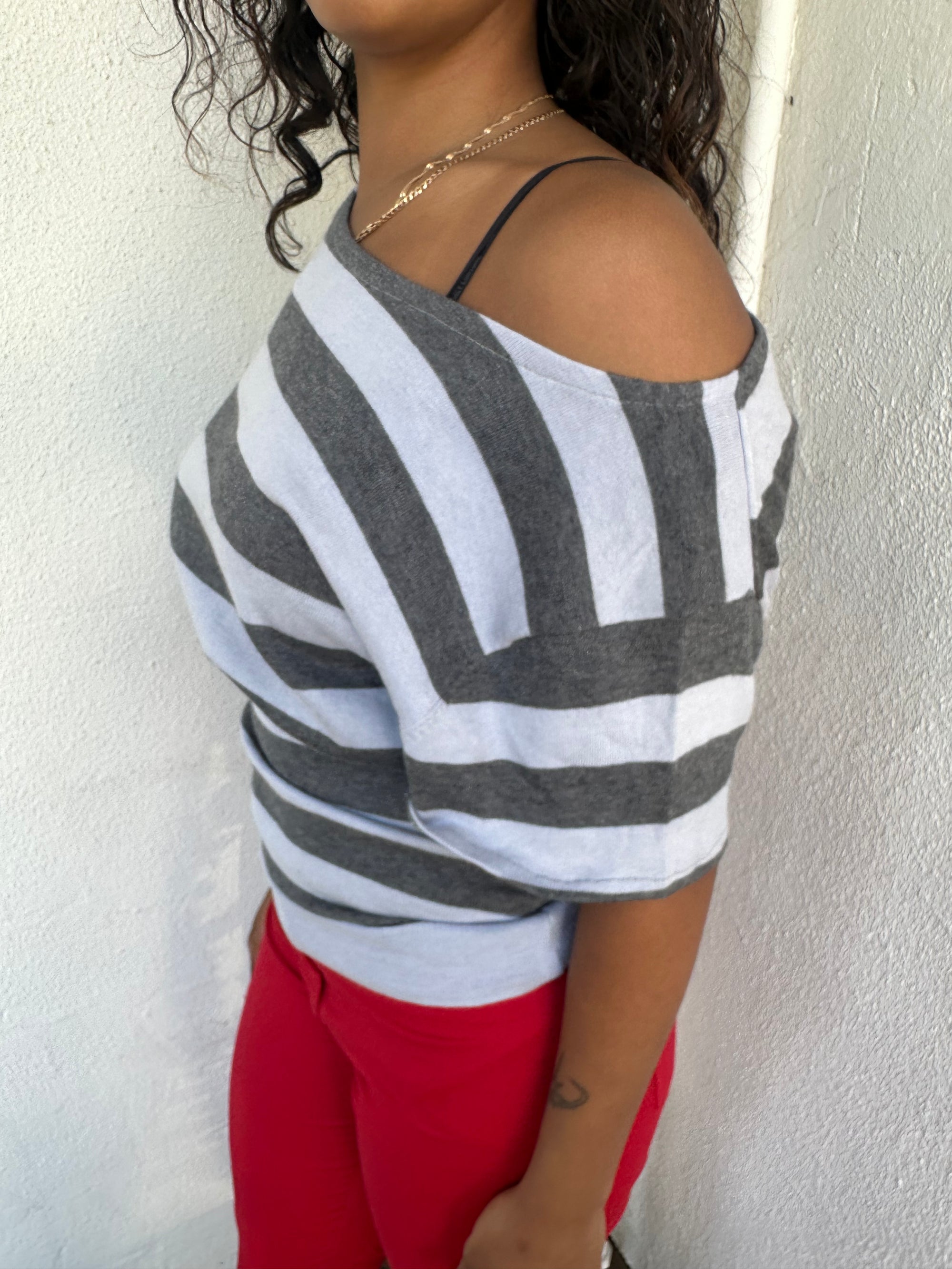 Grey Stripe Off Shoulder Knit Top - Size S