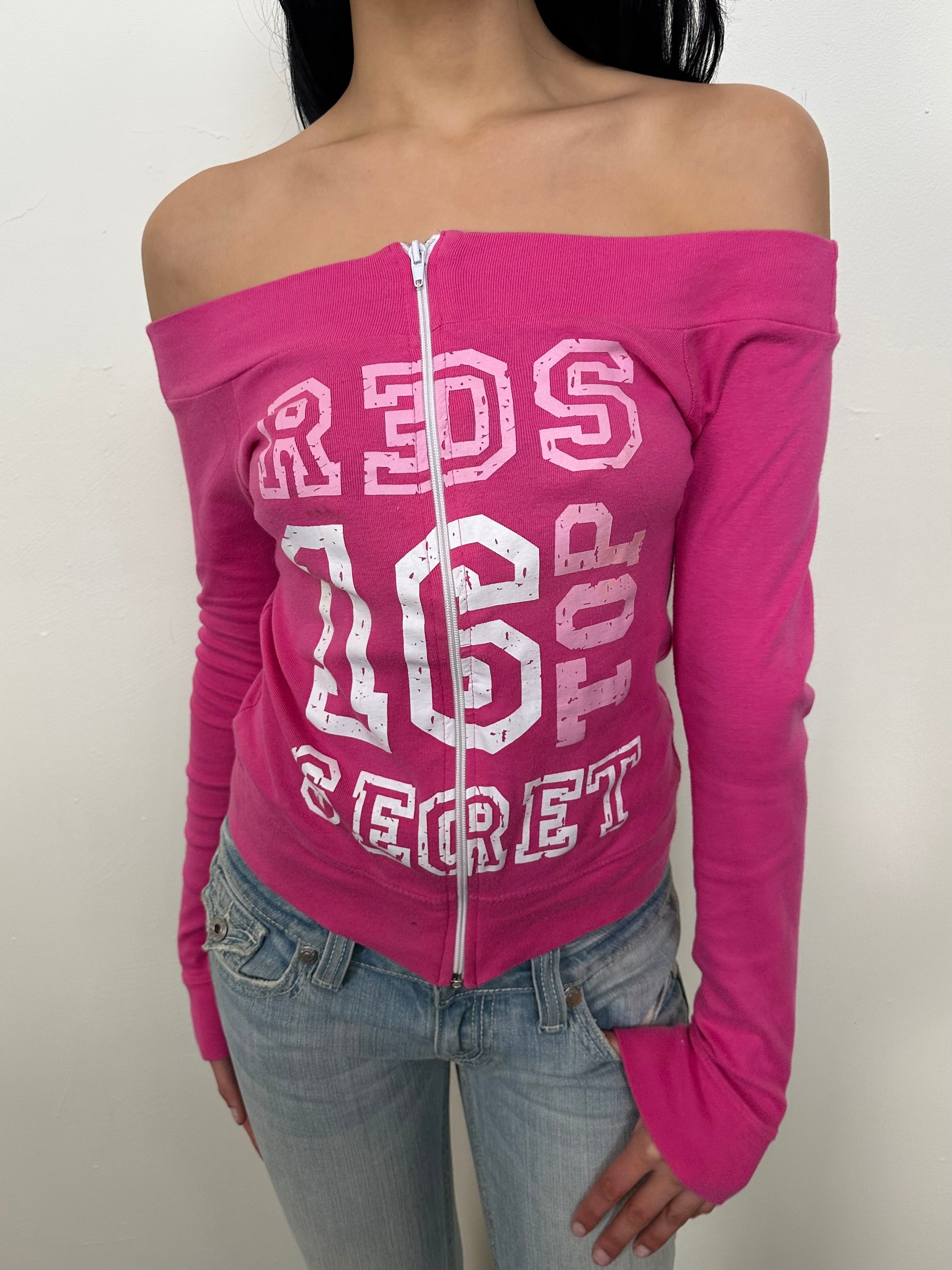 Hot Pink Graphic Print Off The Shoulder Top - Size S