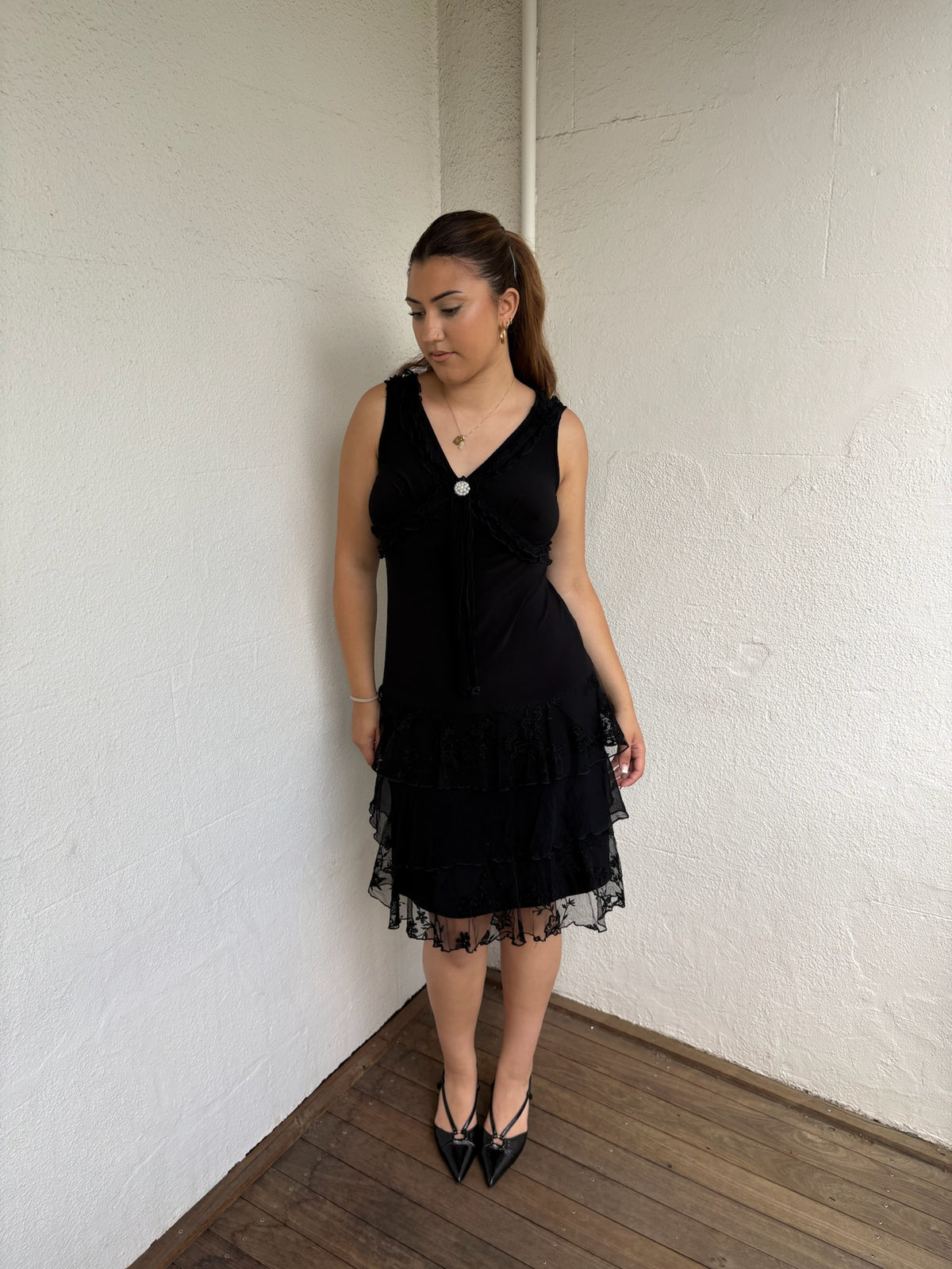 Black Lace Ruffle Mini Dress - Size M