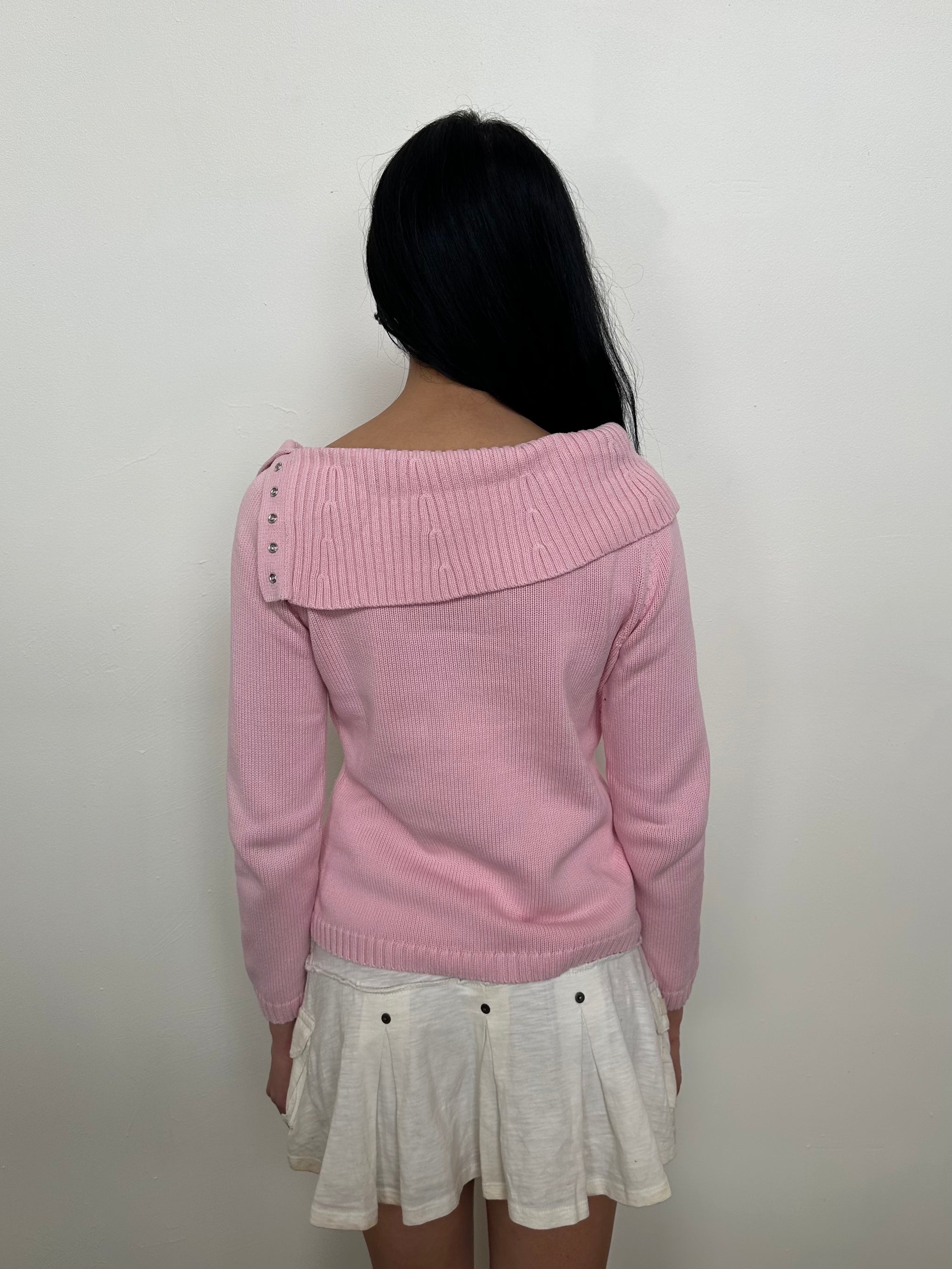 Baby Pink Asymmetric Collar Ribbed Jumper - Size S