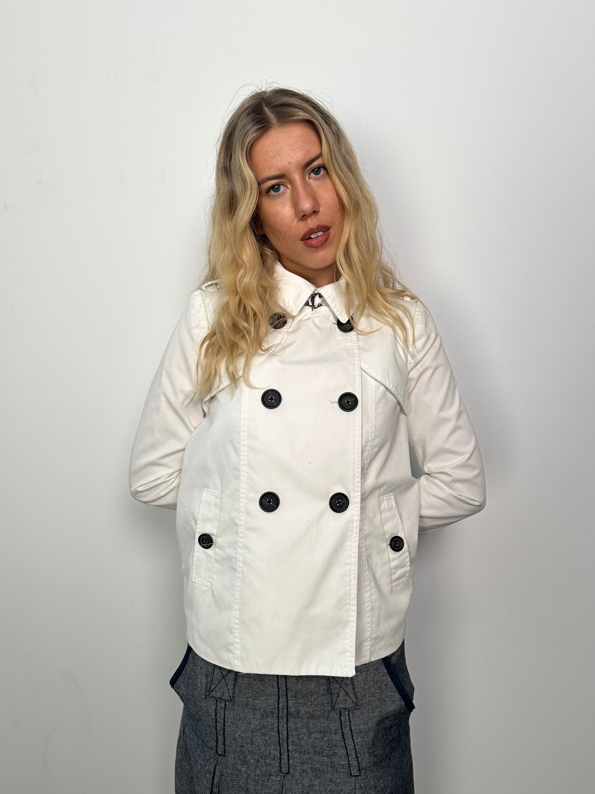 White Double Breasted Short Peacoat - Size M