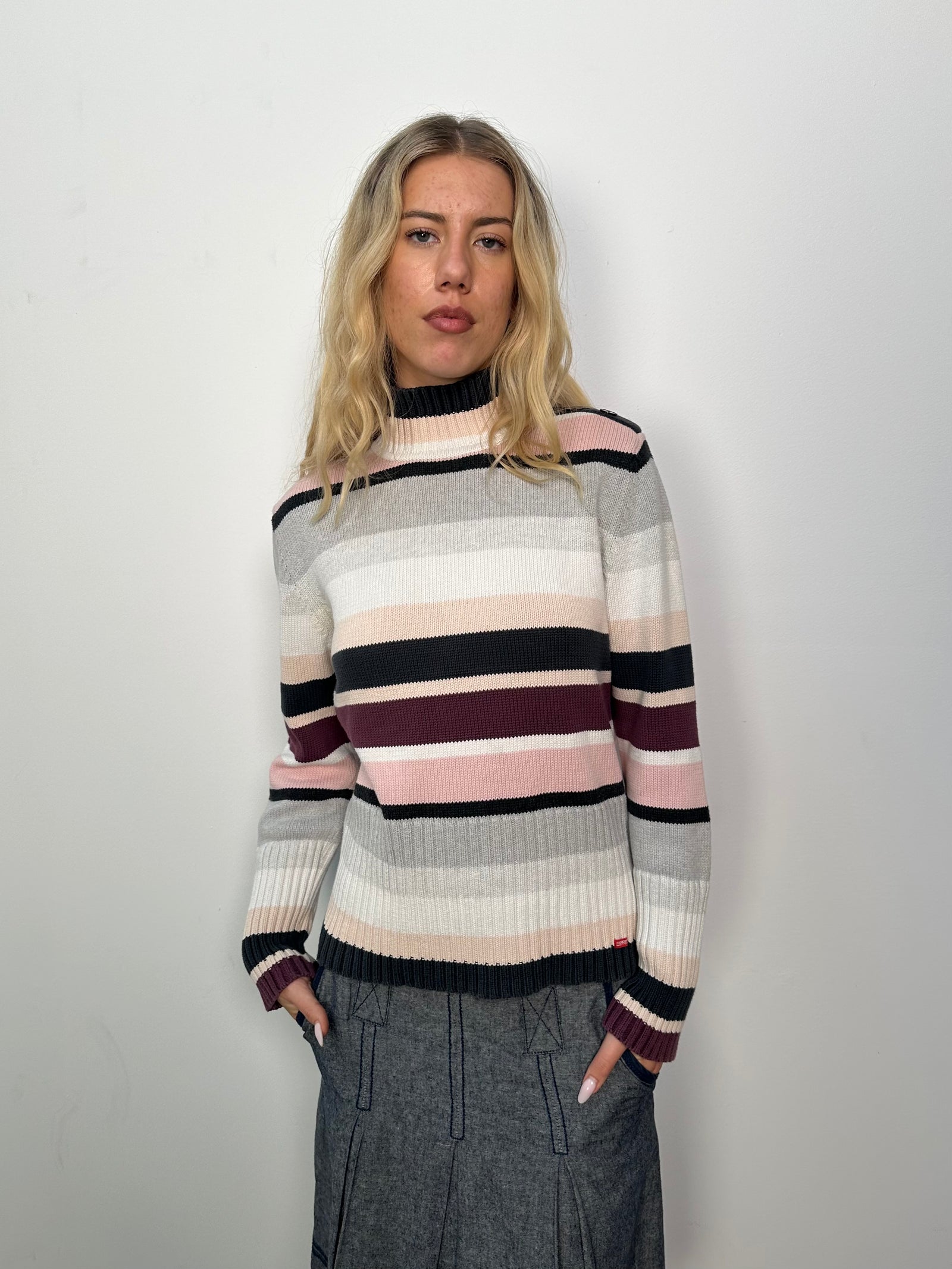 Esprit Pink & Grey Stripe Roll Neck Jumper - Size XL
