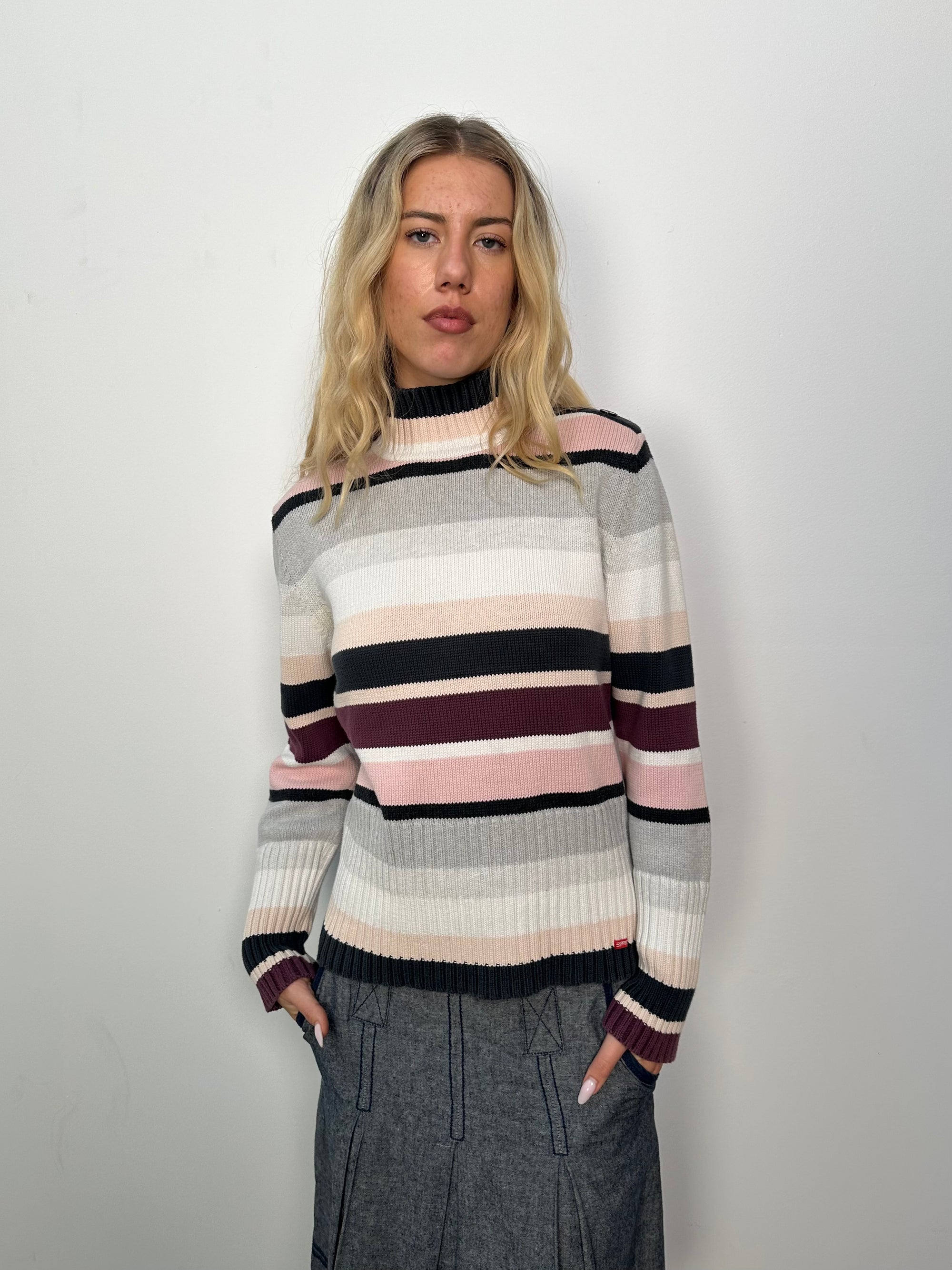Esprit Pink & Grey Stripe Roll Neck Jumper - Size XL