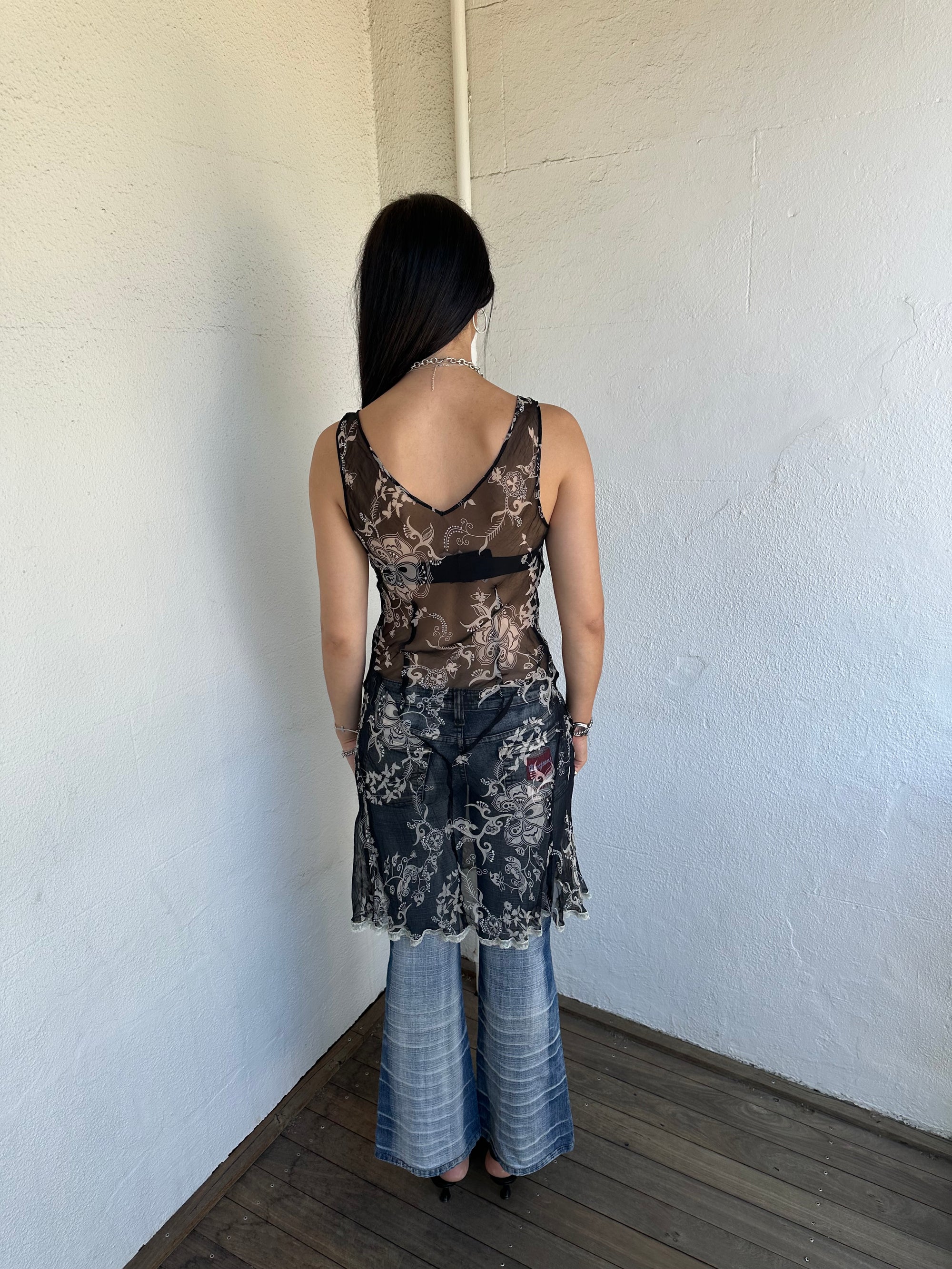 Black & Cream Patterned Sheer Dress - Size M