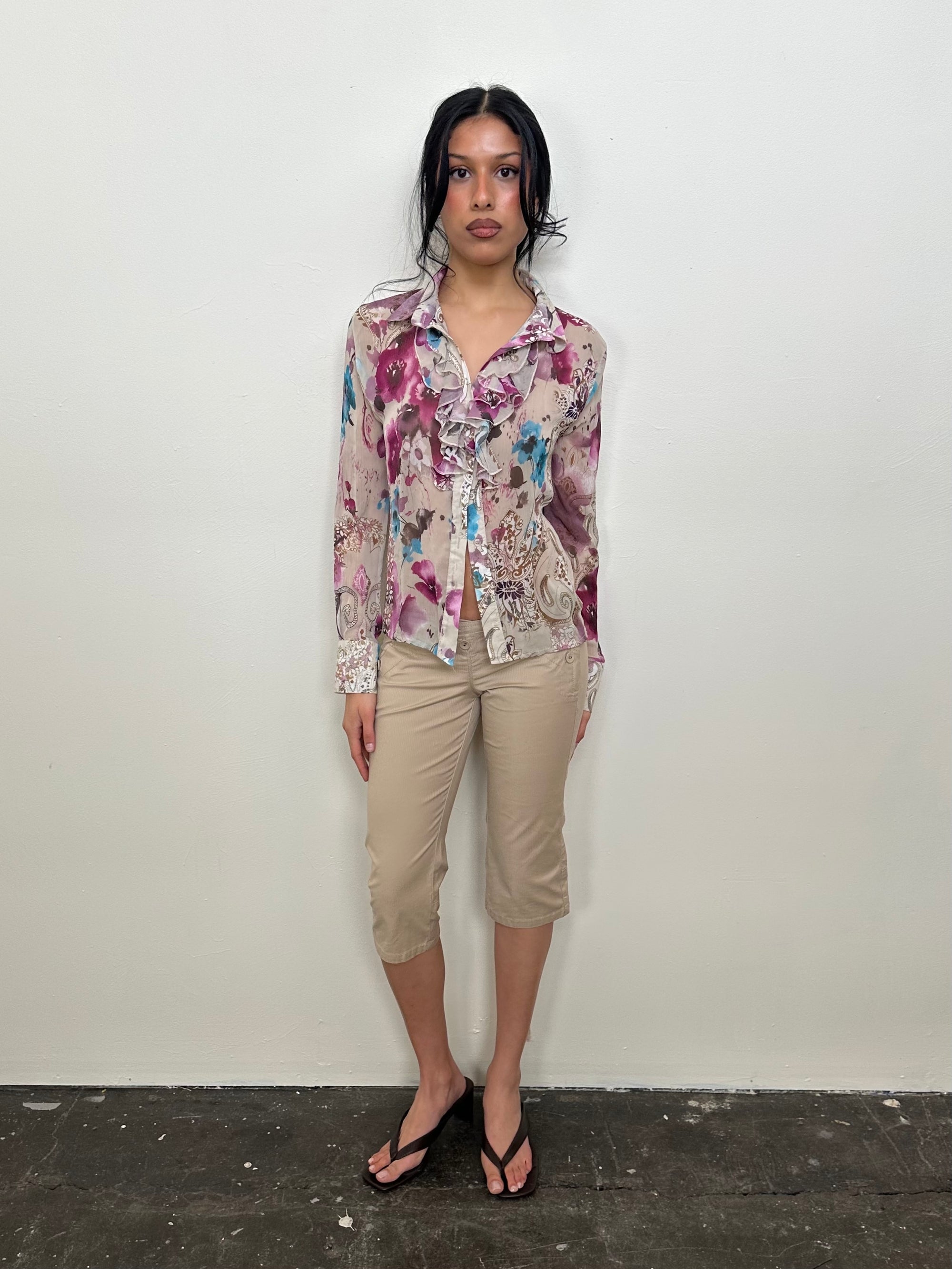 Beige & Purple Floral Ruffle Blouse - Size M