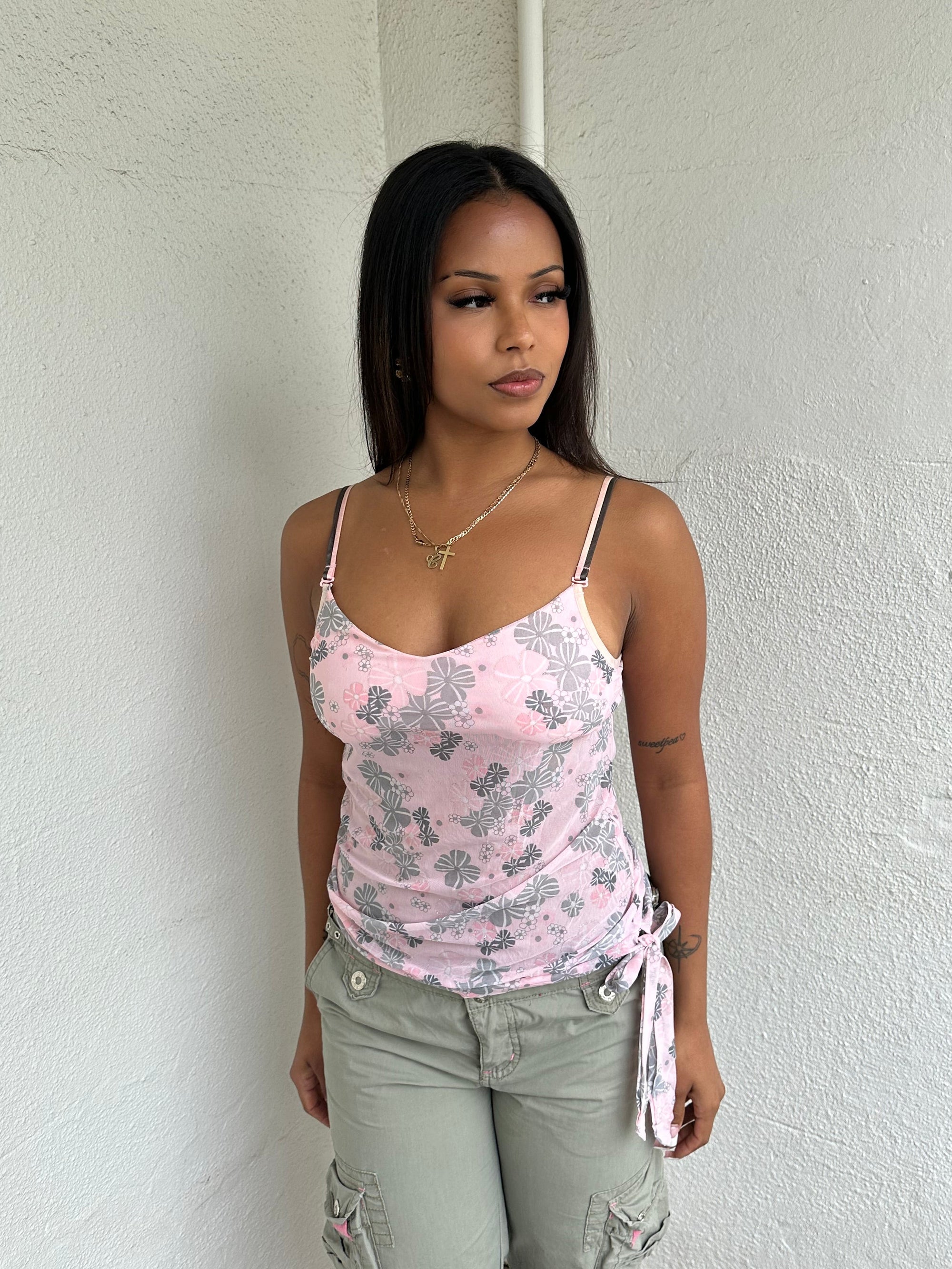 Baby pink & Grey Floral Mesh Cami Top