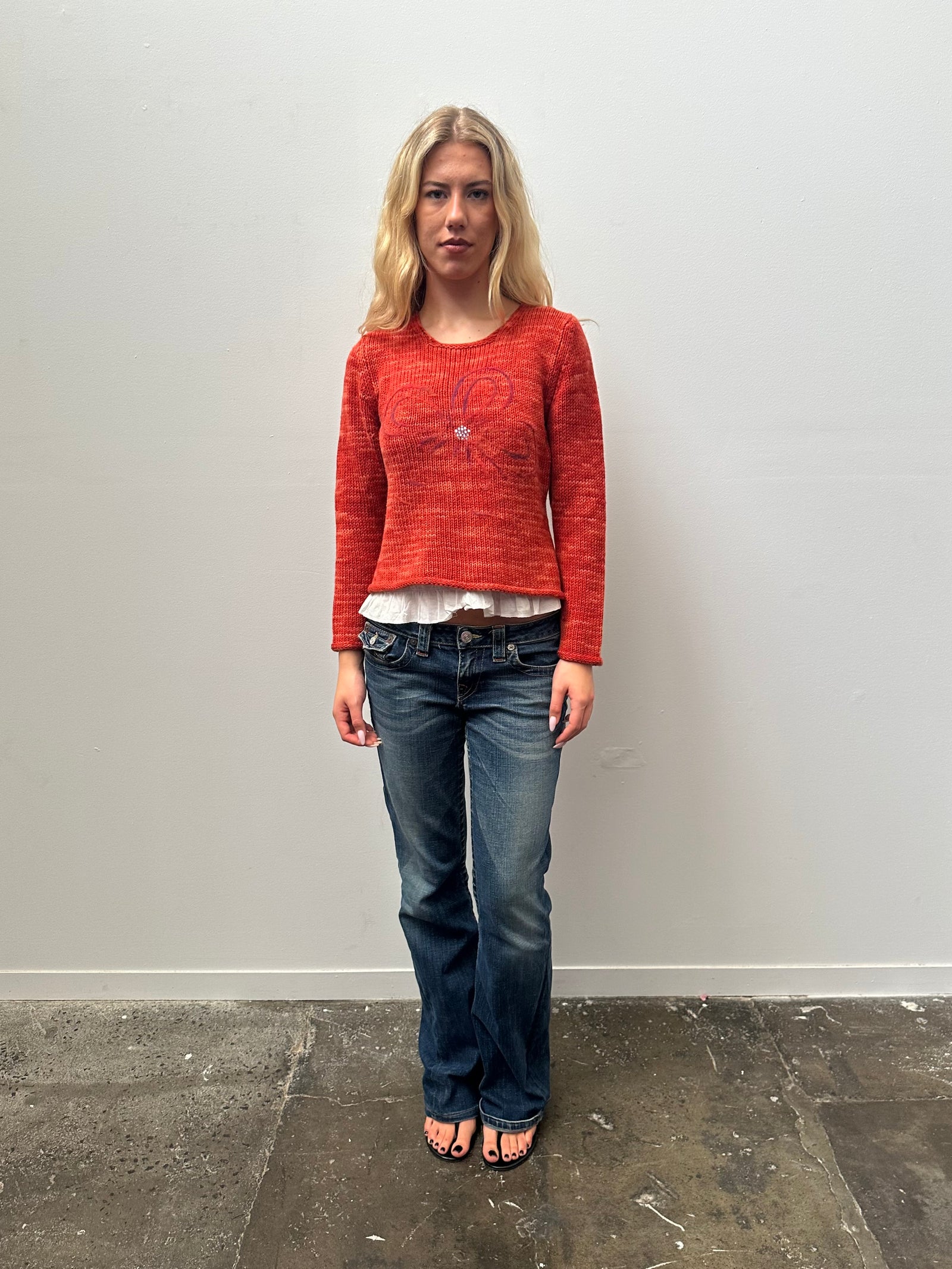 Orange Flower Print Knitted Jumper - Size M