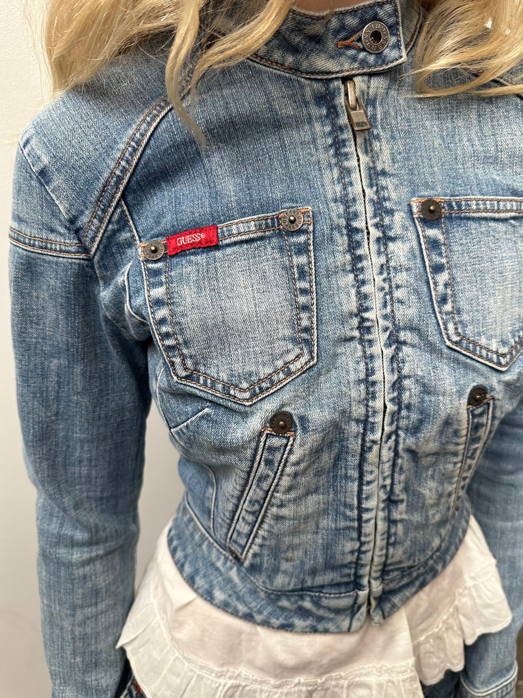 Guess Cropped Light Denim Fitted Jacket - Size S