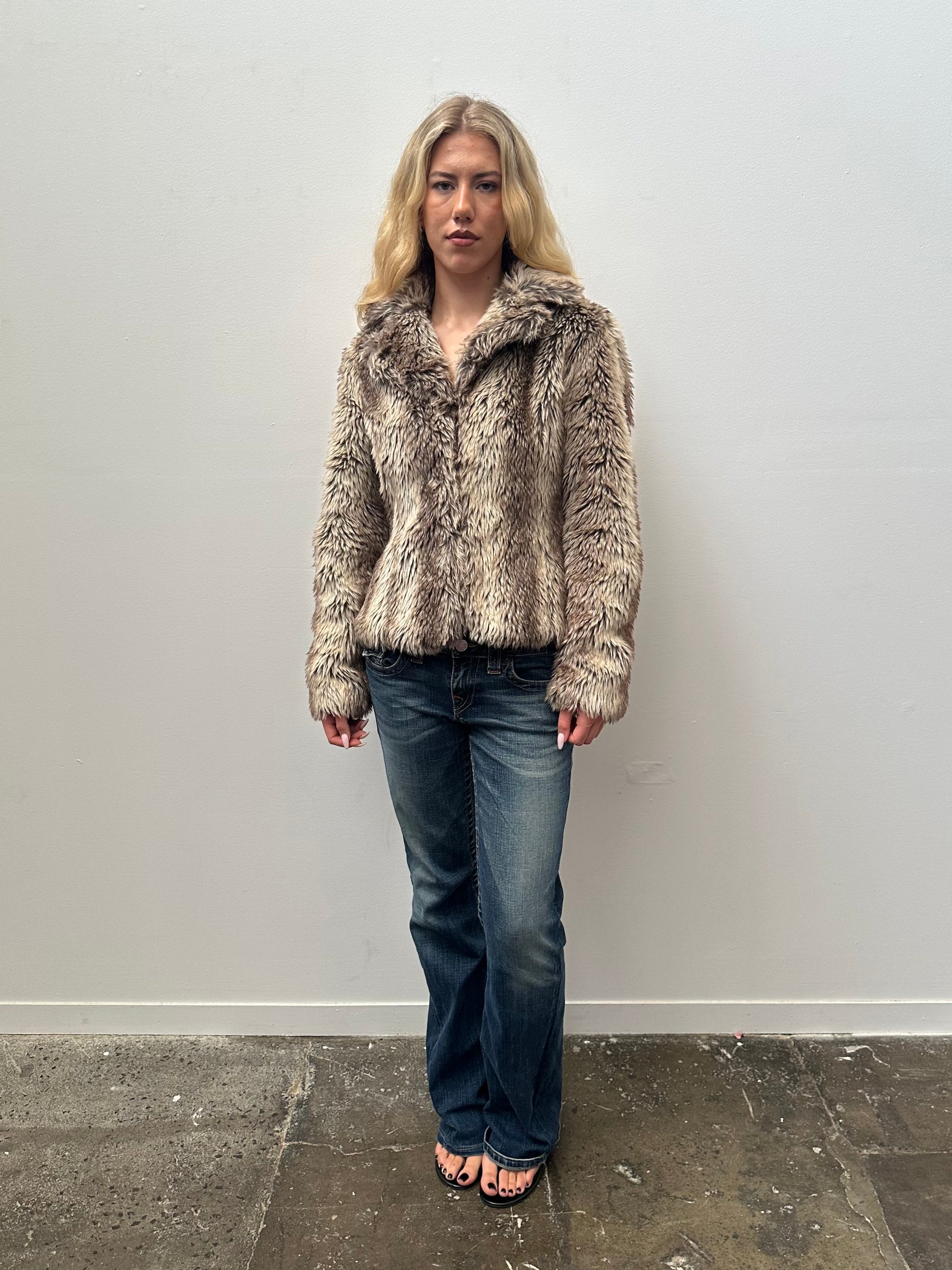 Tipped Brown & Grey Faux Fur Jacket - Size M