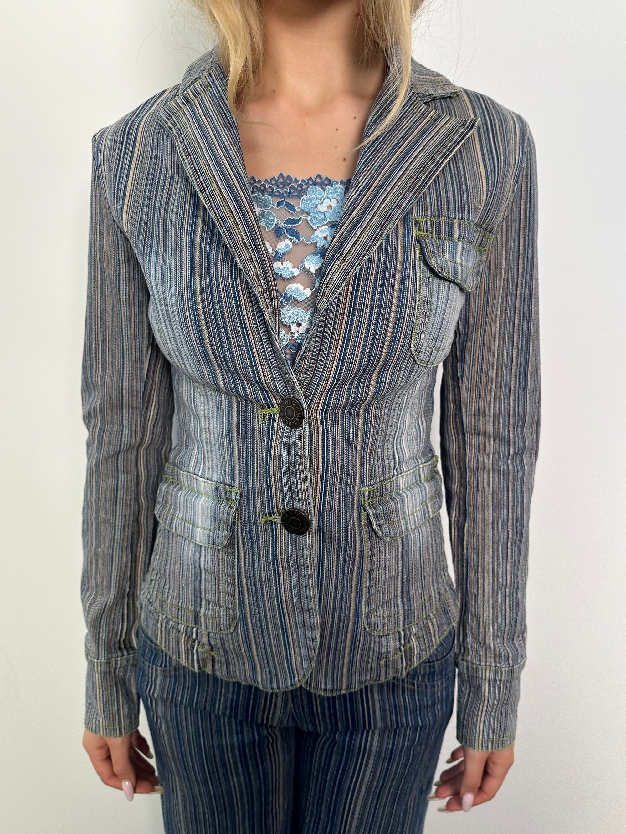 Blue Fine Stripe Denim Blazer - Size S