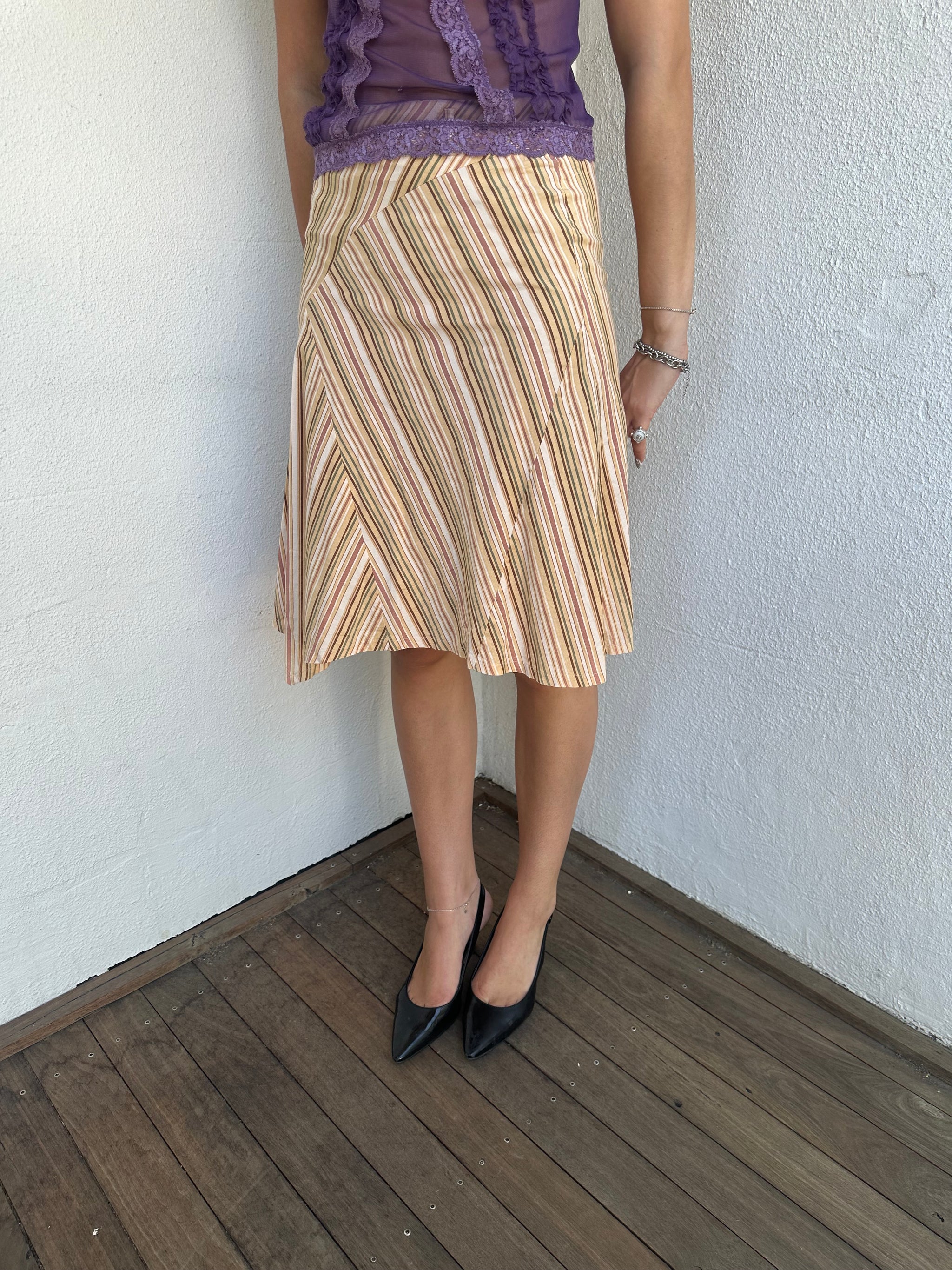 Beige Multi Stripe Midi Skirt - Size S