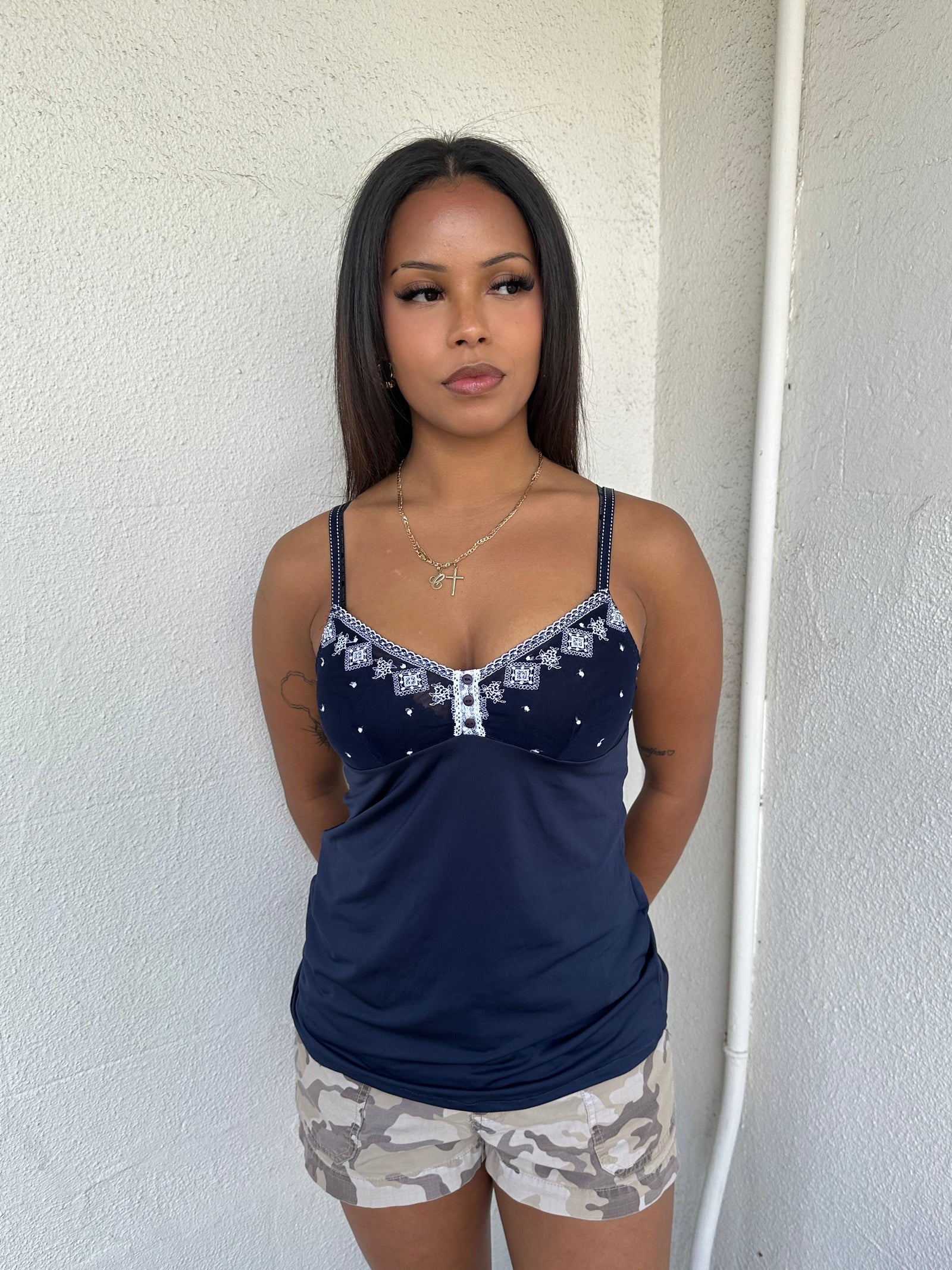 Navy Embroidered Cami Top