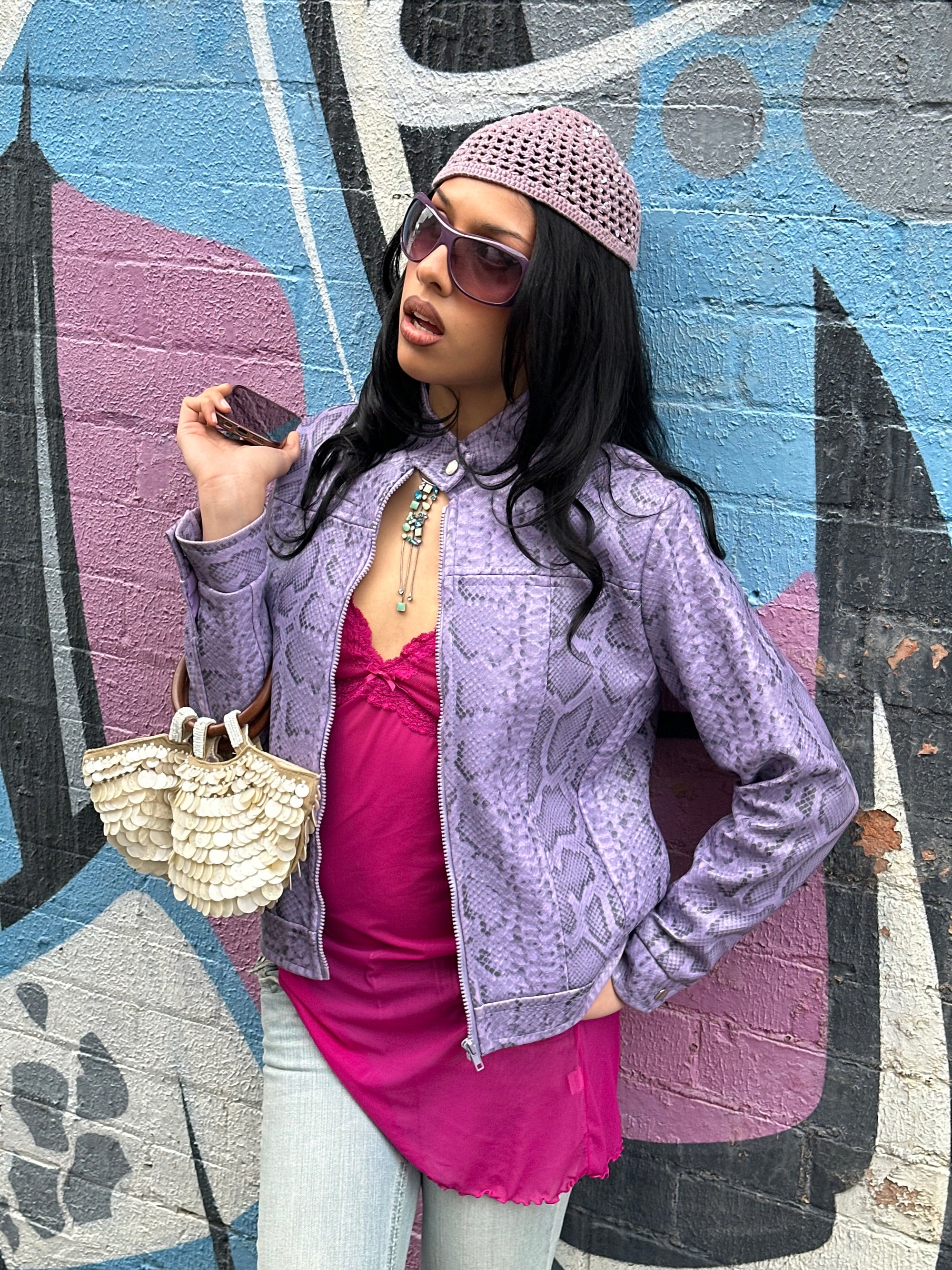 Lilac Snake Print Faux Leather Moto Jacket - Size S