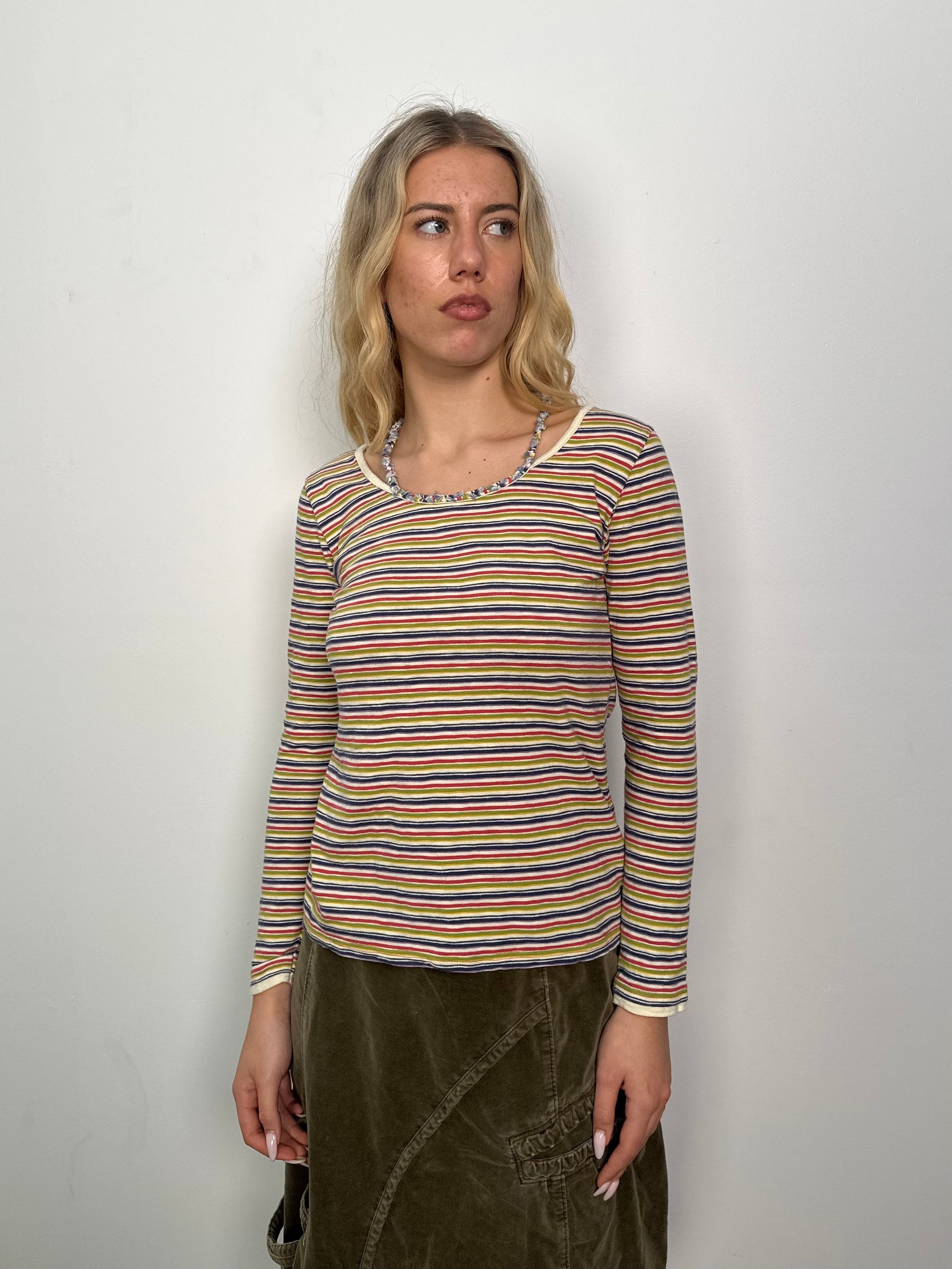 Braided Strap Multicoloured Stripe Long Sleeve Top - Size M