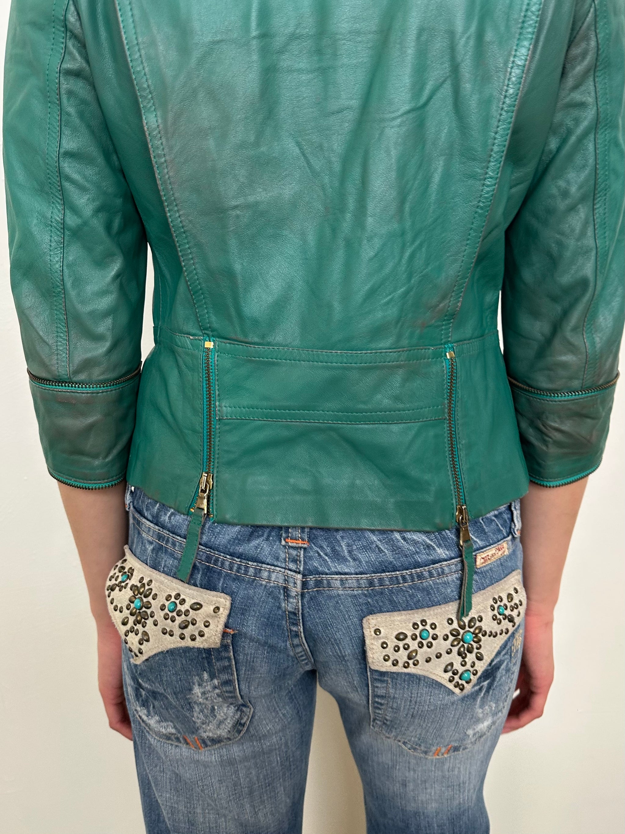 Teal 3/4 Sleeve Leather Moto Jacket - Size S