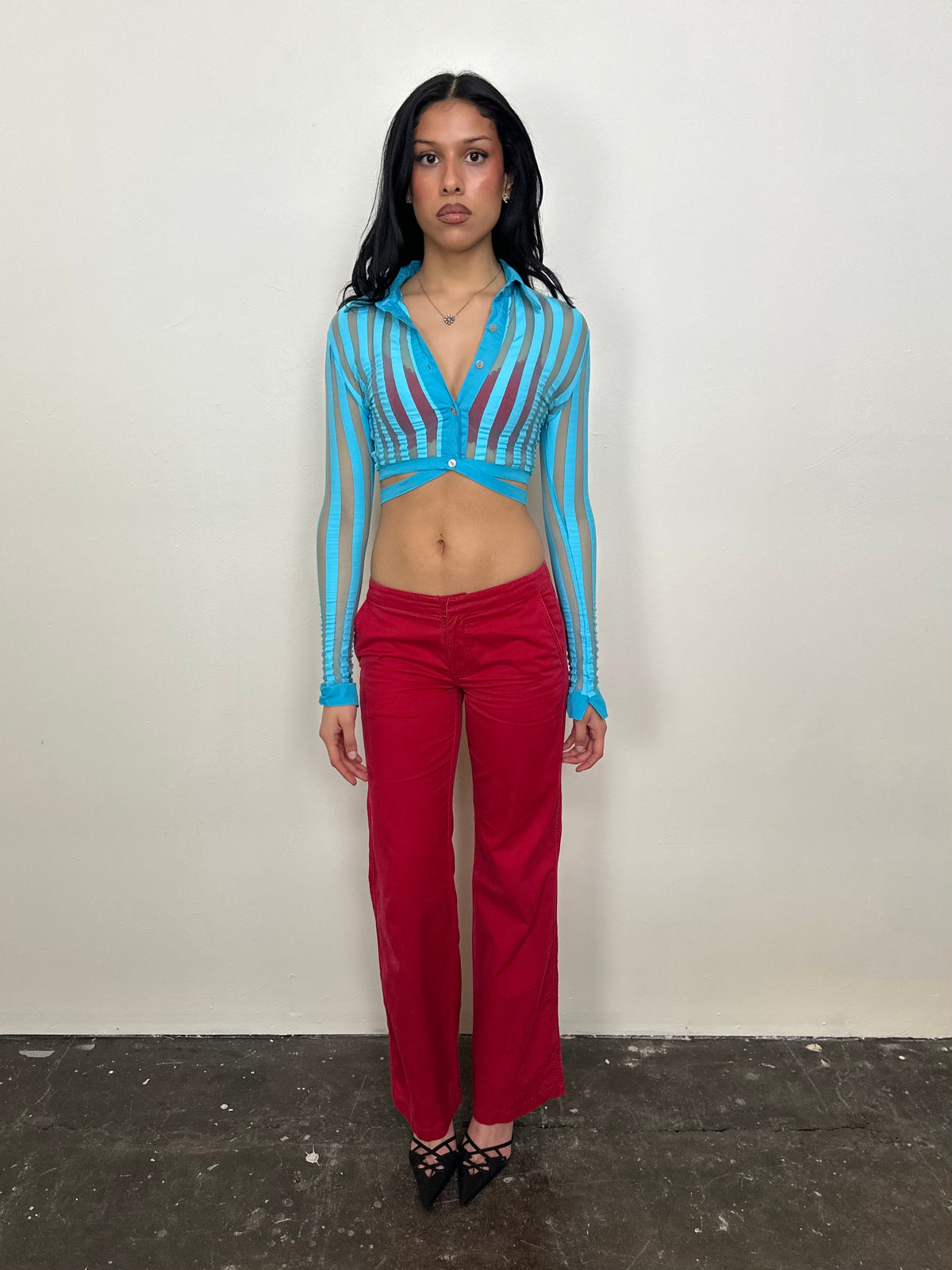 Turquoise Stripe Mesh Cropped Shirt - Size XS