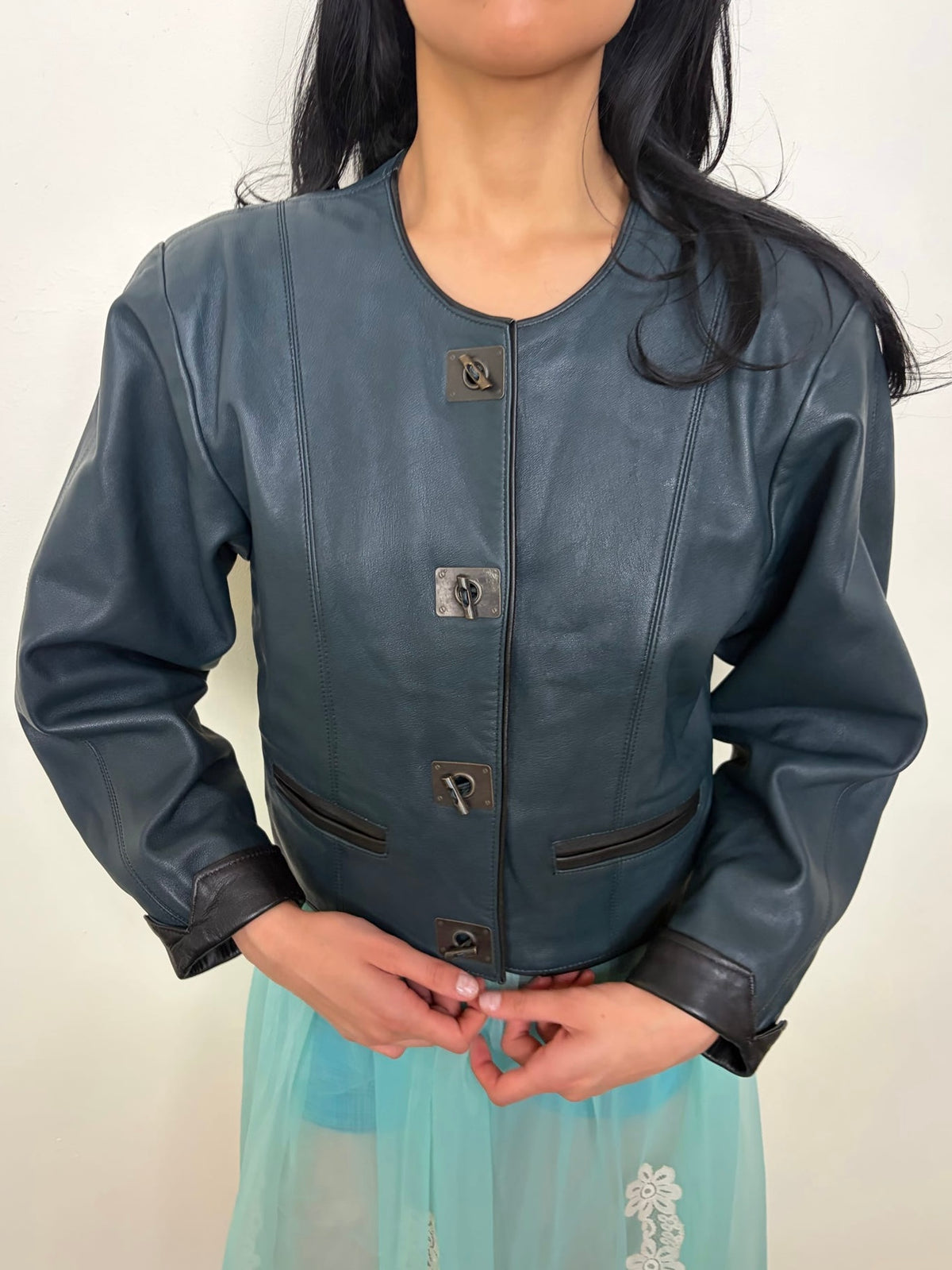 Teal Oversized Shape Leather Jacket - Size L