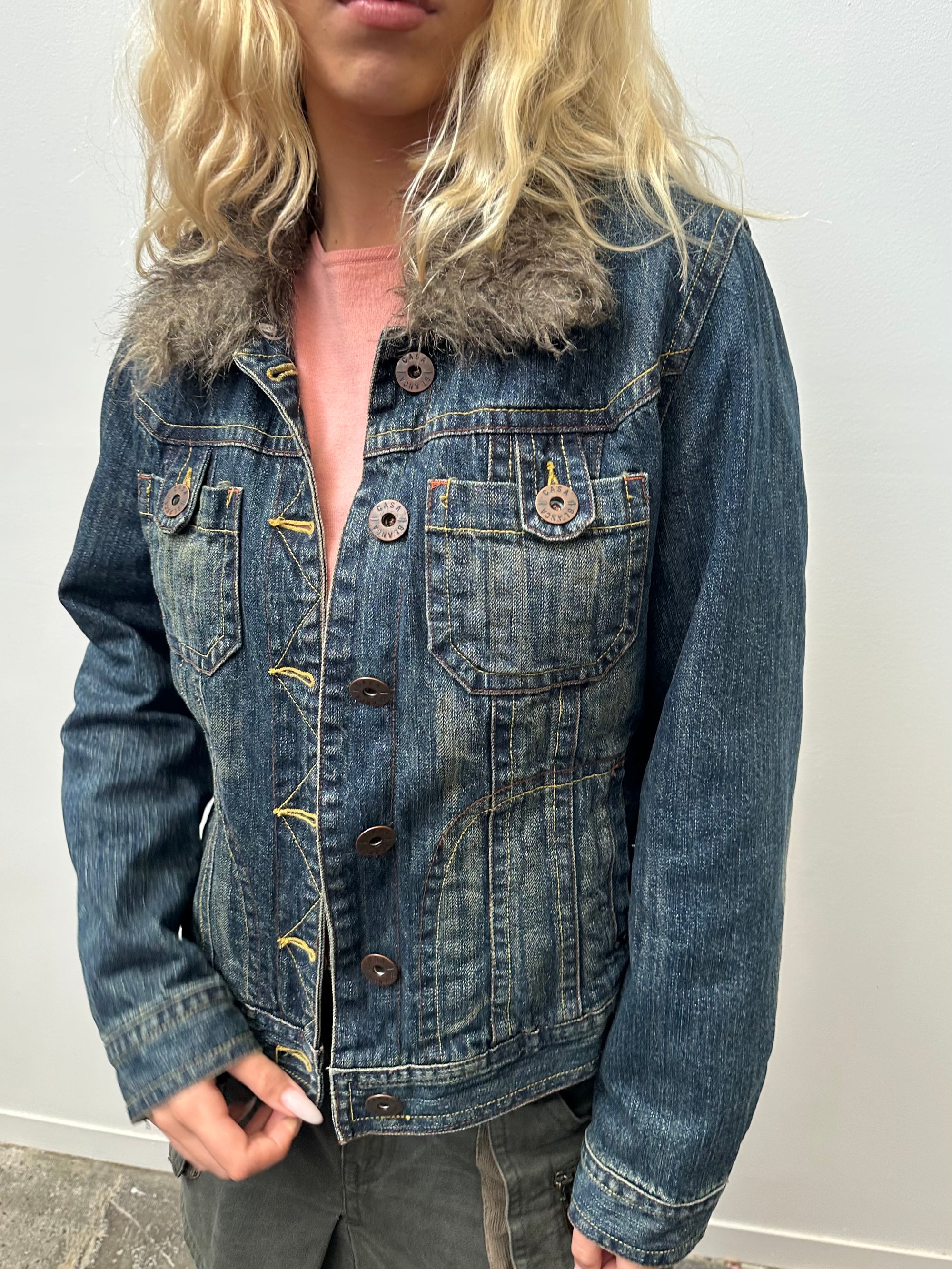 Faux Fur Collar Warm Wash Denim Jacket - Size M
