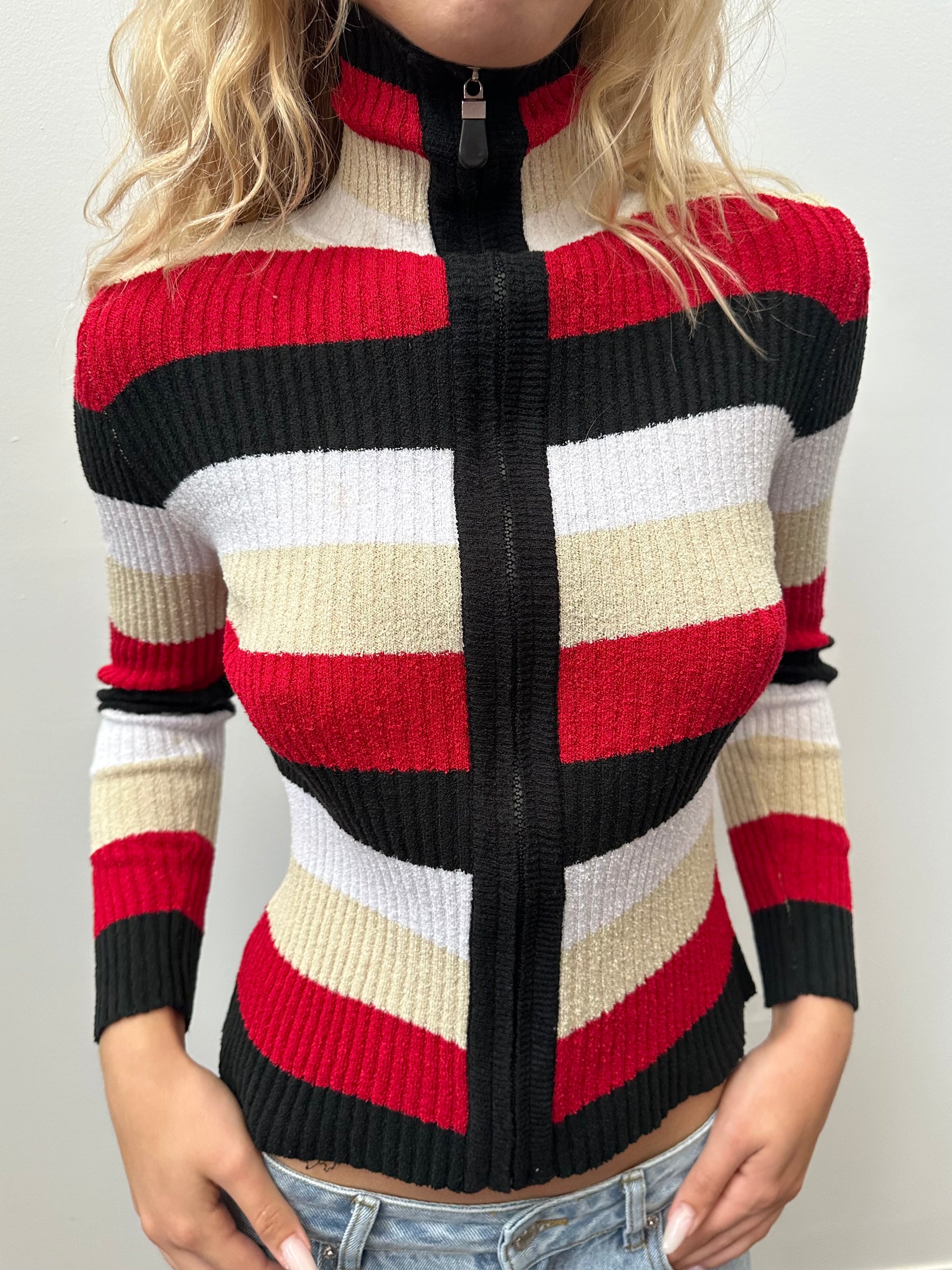 Multi Coloured Stripe Ribbed Zip Up - Size S/M