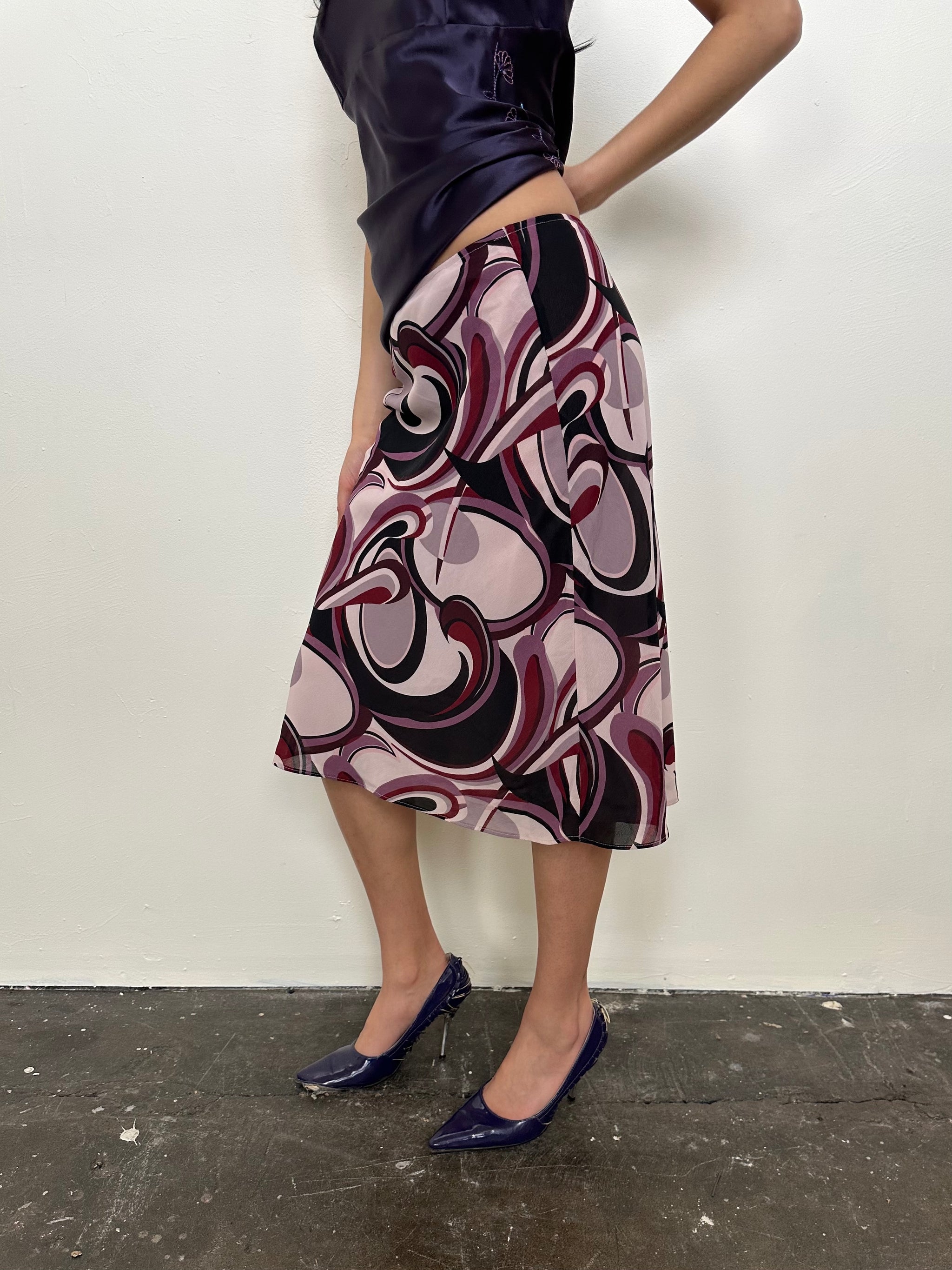 Purple Abstract Swirl Pattern Midi Skirt - Size XS