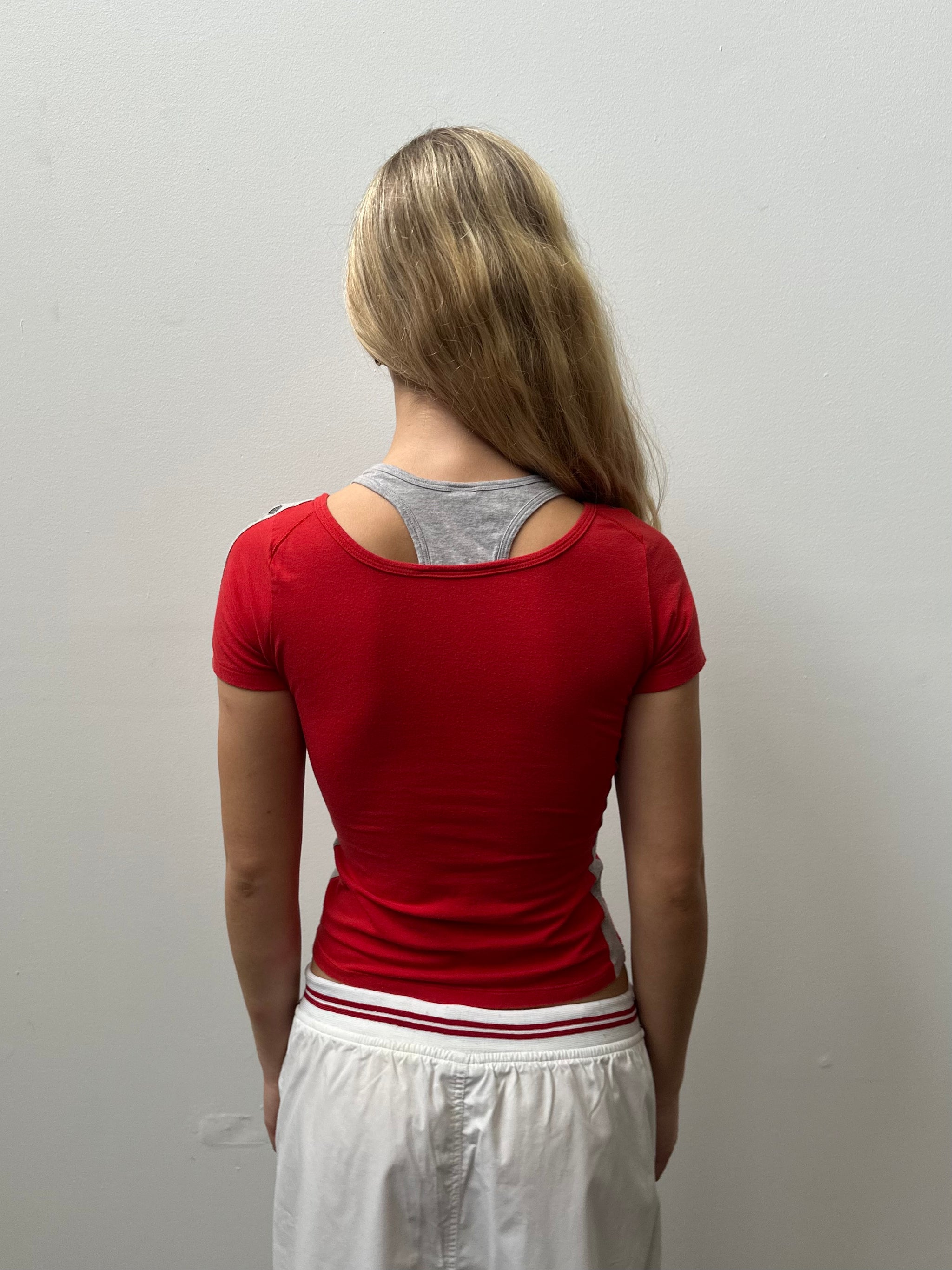 Sporty Red Layered Fitted T-Shirt - Size XS