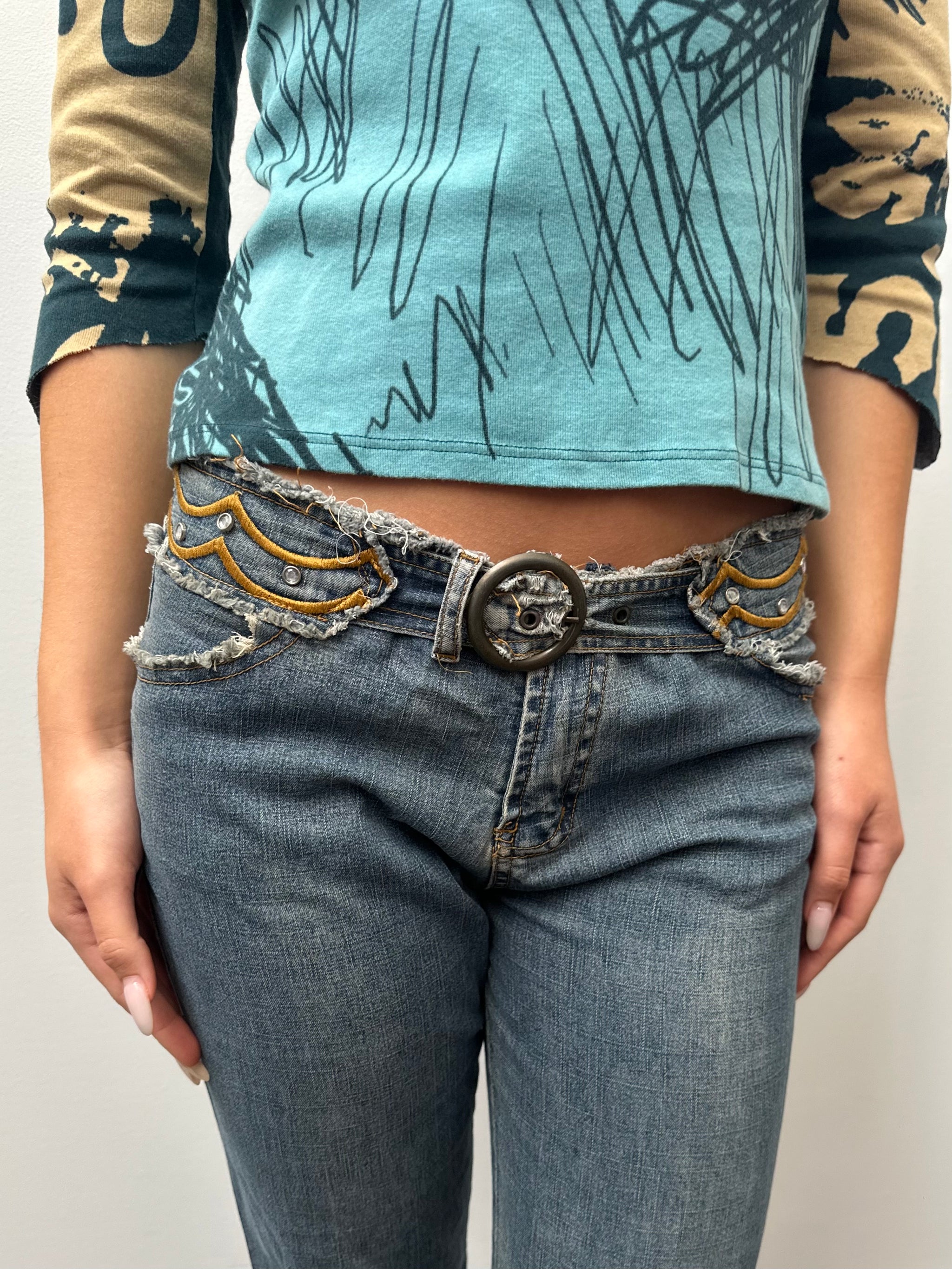 Embroidered Belt Lowrise Bootcut Jeans - Size S