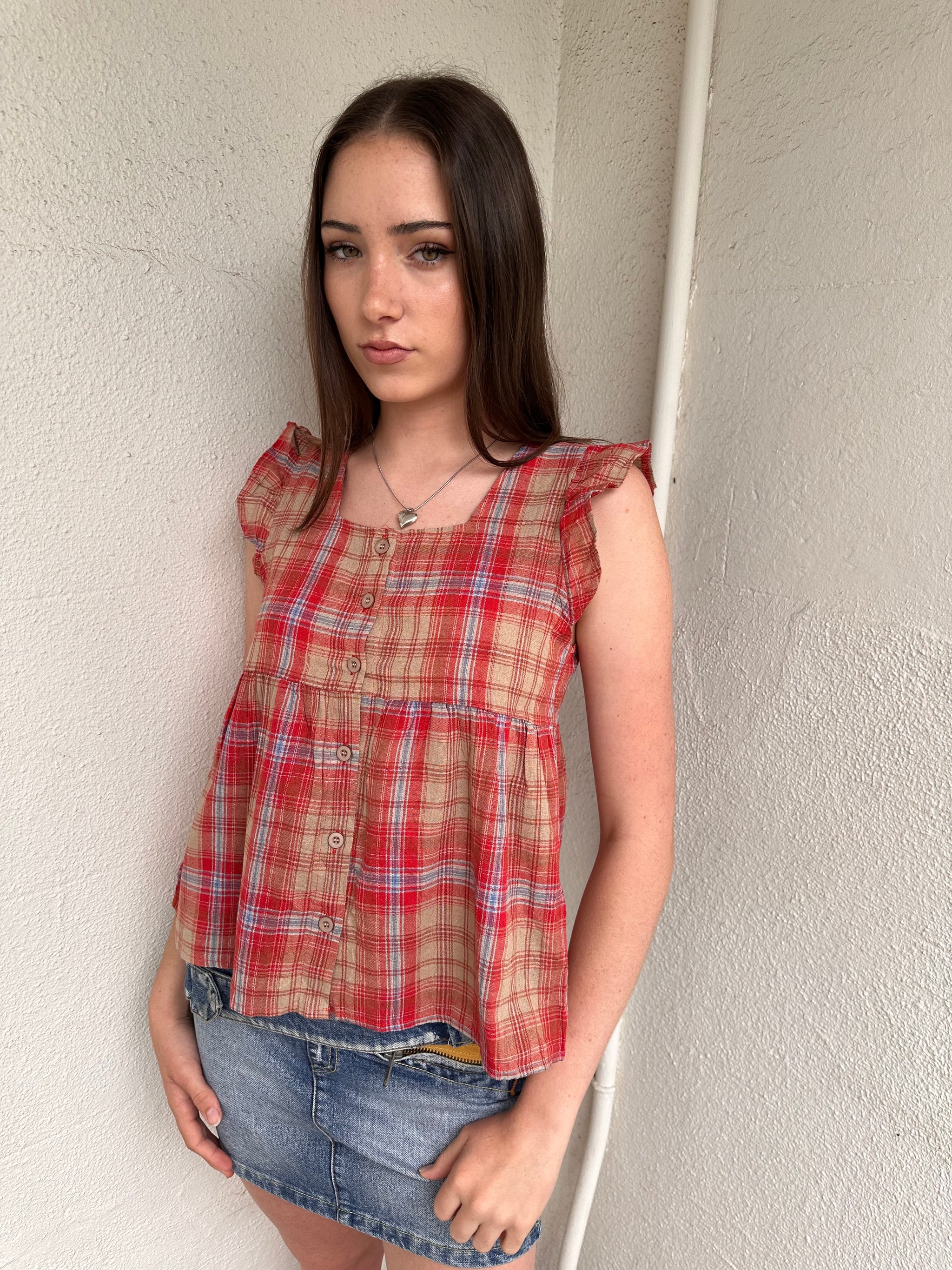 Red Button-Up Tartan Tunic