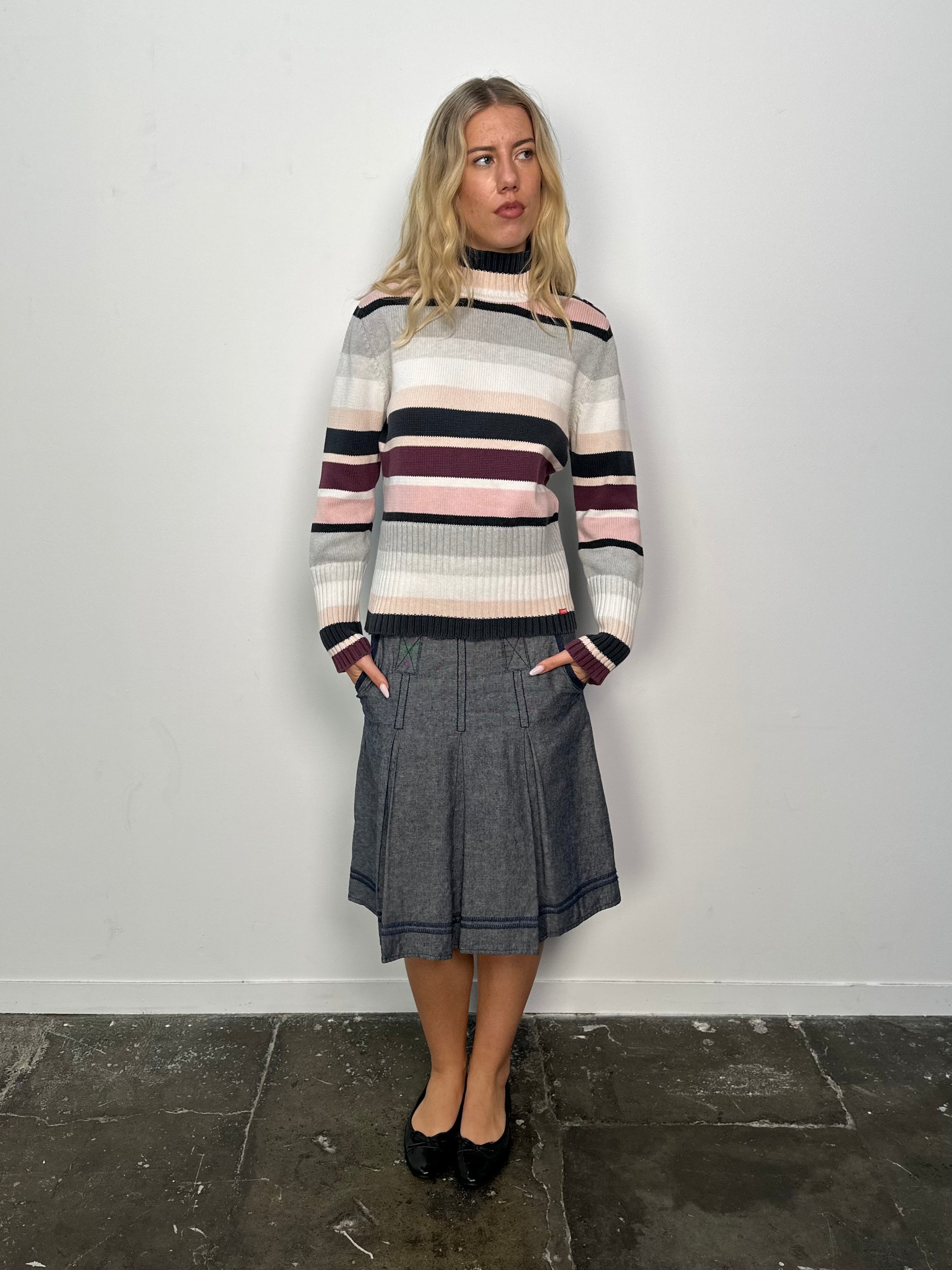 Esprit Pink & Grey Stripe Roll Neck Jumper - Size XL