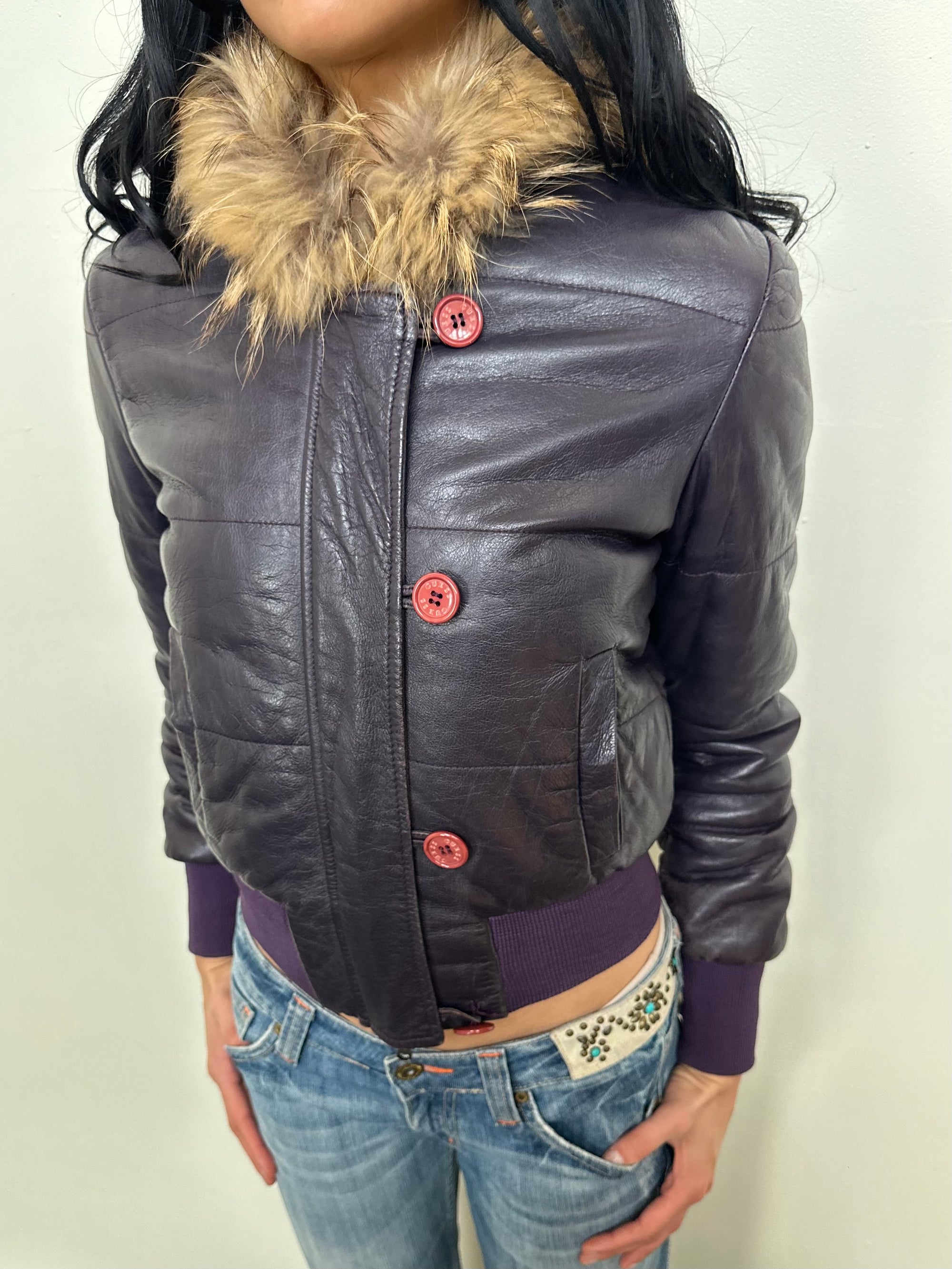 Guess Purple Leather Real Fur Hood Puffer Jacket - Size XS