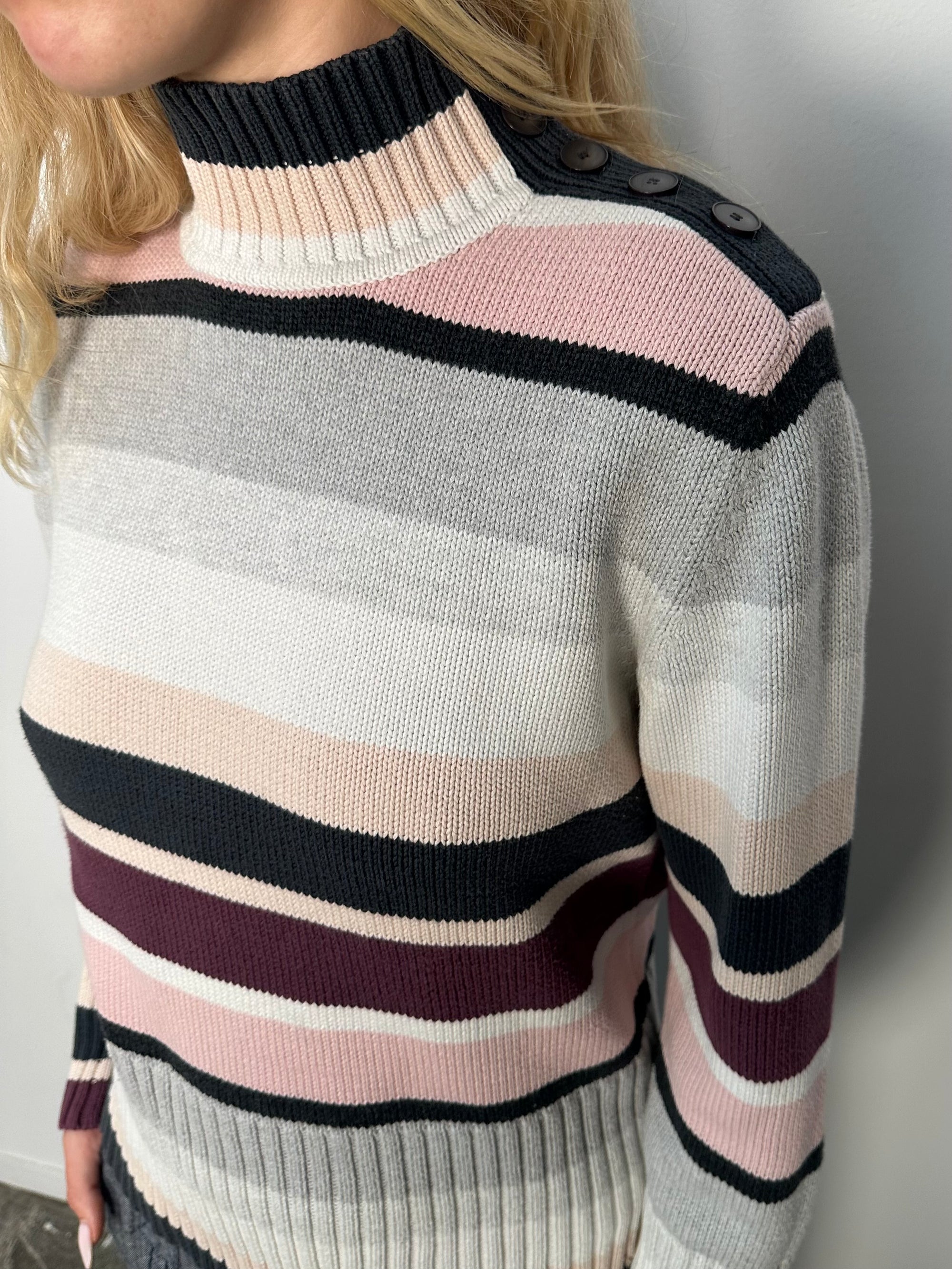 Esprit Pink & Grey Stripe Roll Neck Jumper - Size XL