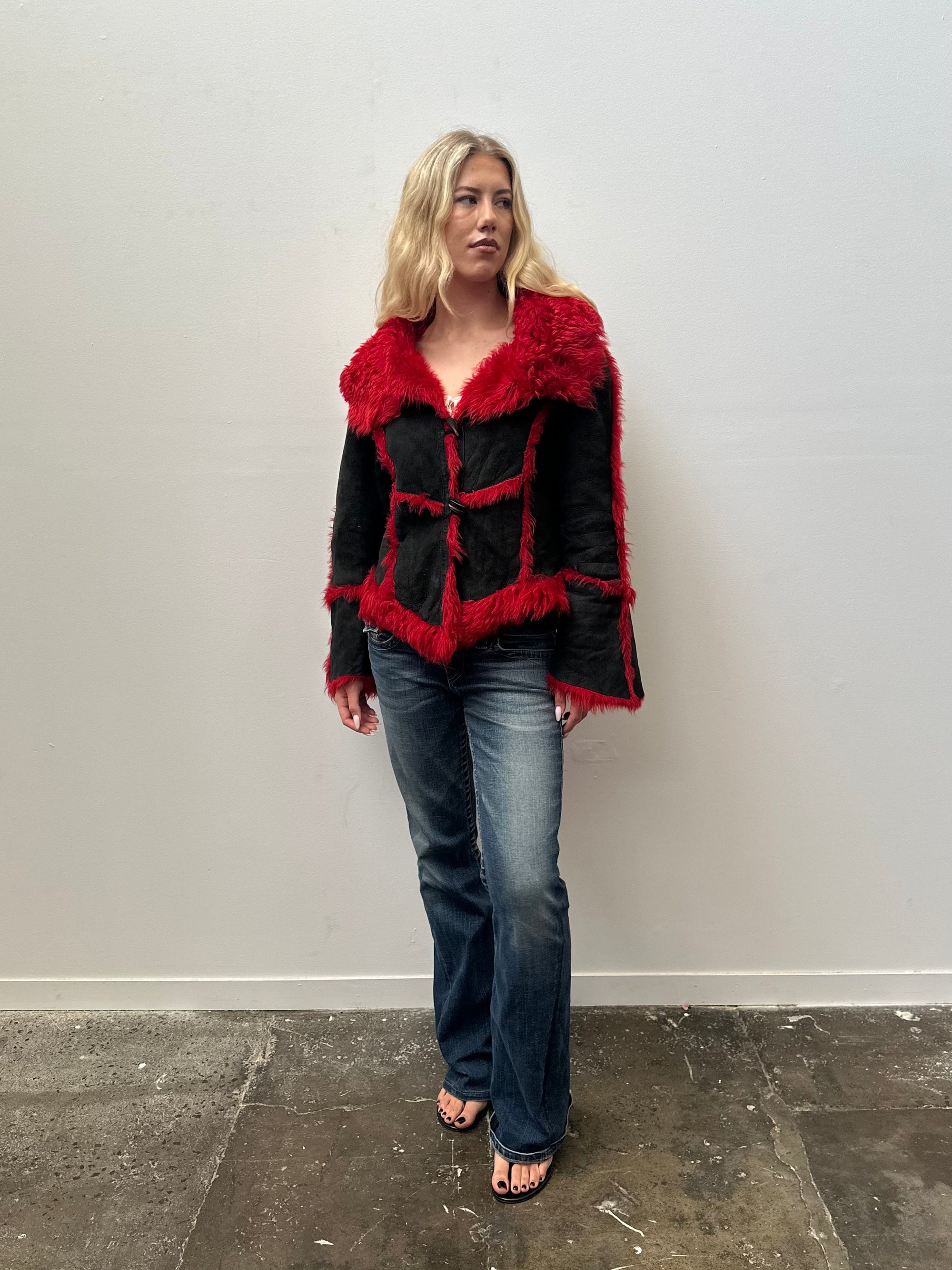 Red Faux Fur & Black Suede Coat - Size L