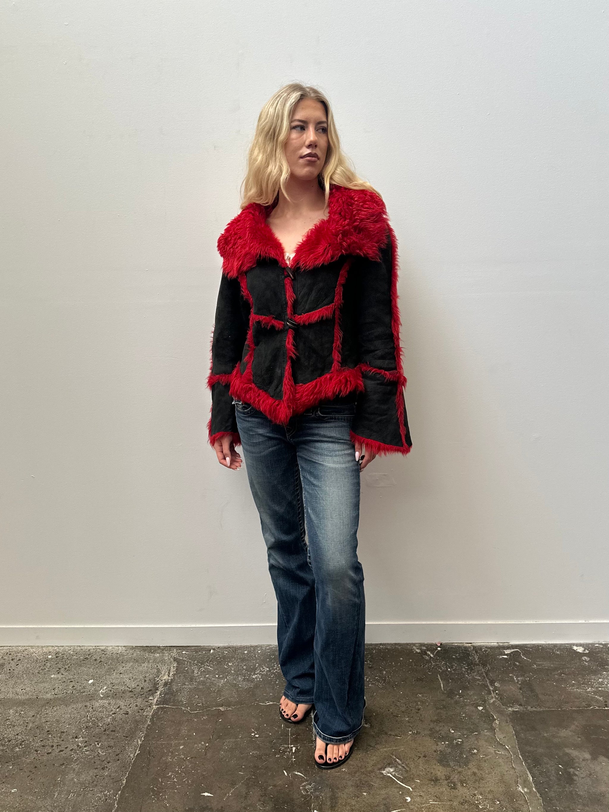 Red Faux Fur & Black Suede Coat - Size L