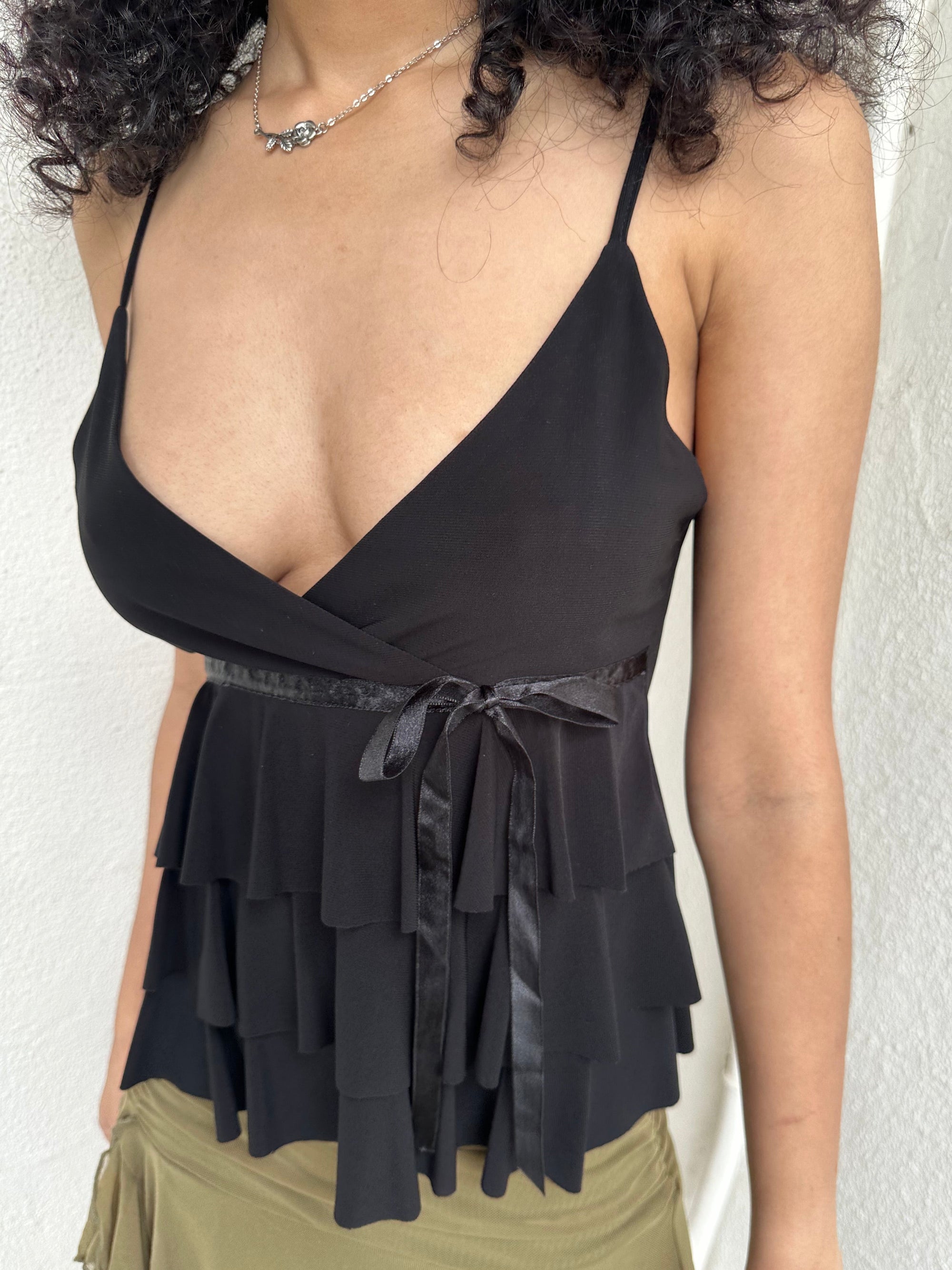 Black Y2K Ruffle Layered Cami - Size S