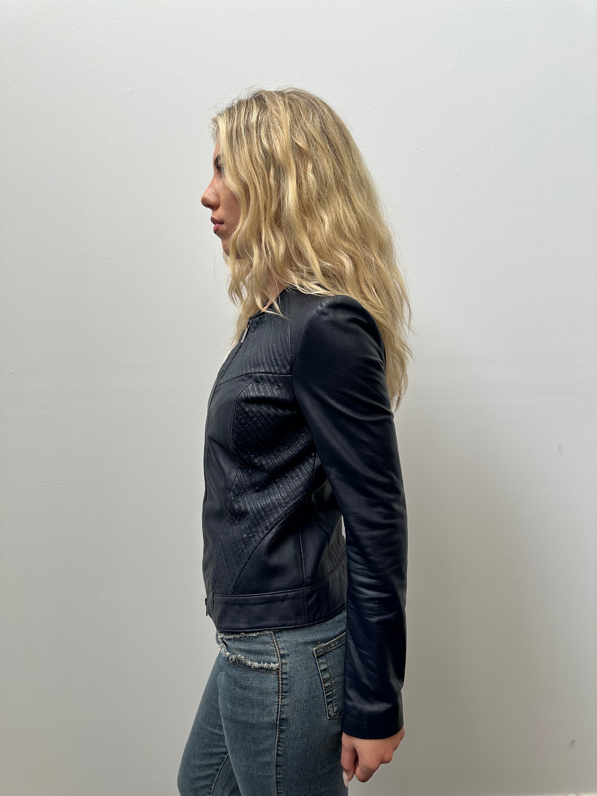 Navy Double Zip Fitted Leather Jacket - Size S
