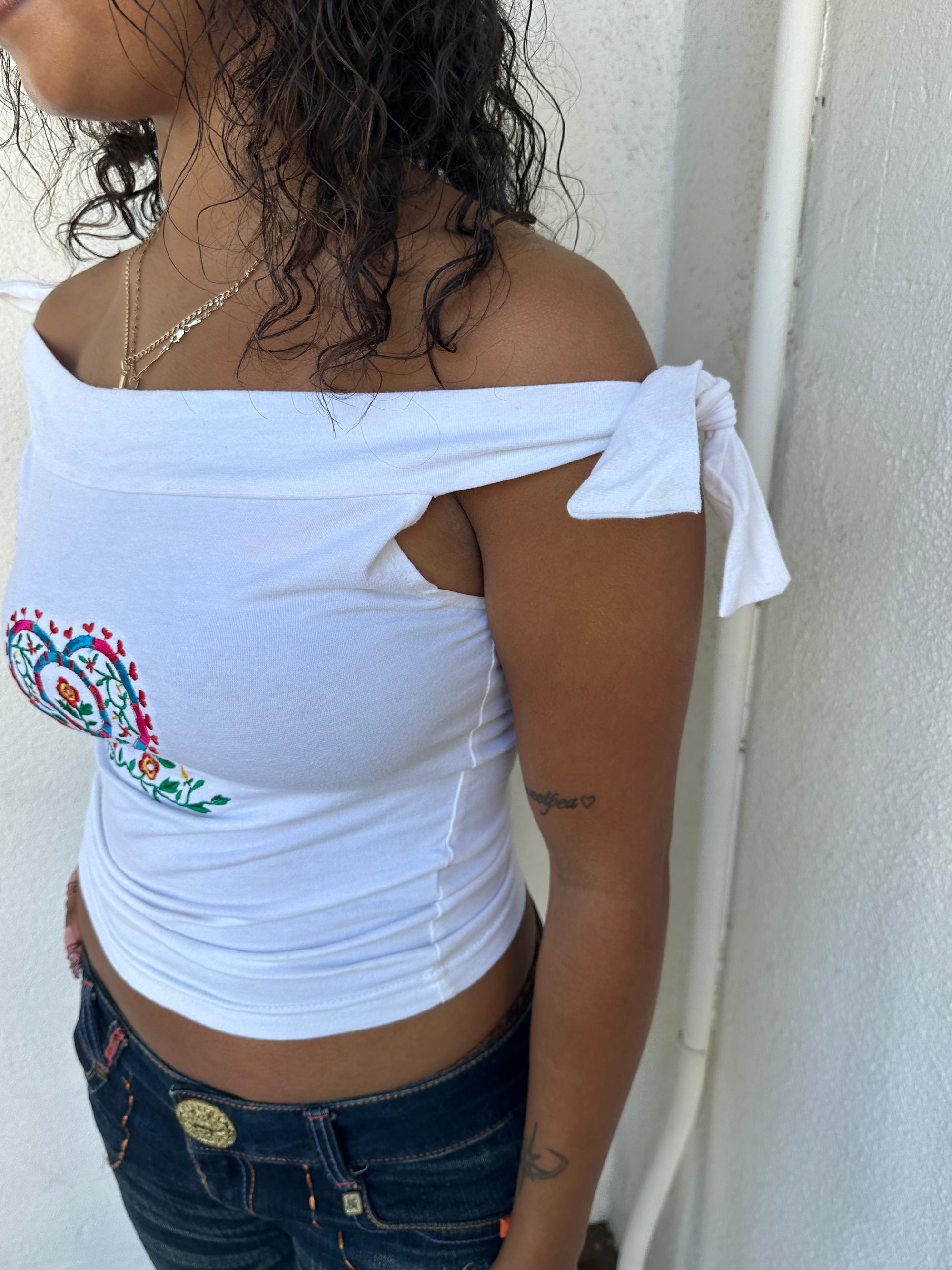 Embroidered White Tie Off The Shoulder Top - Size S