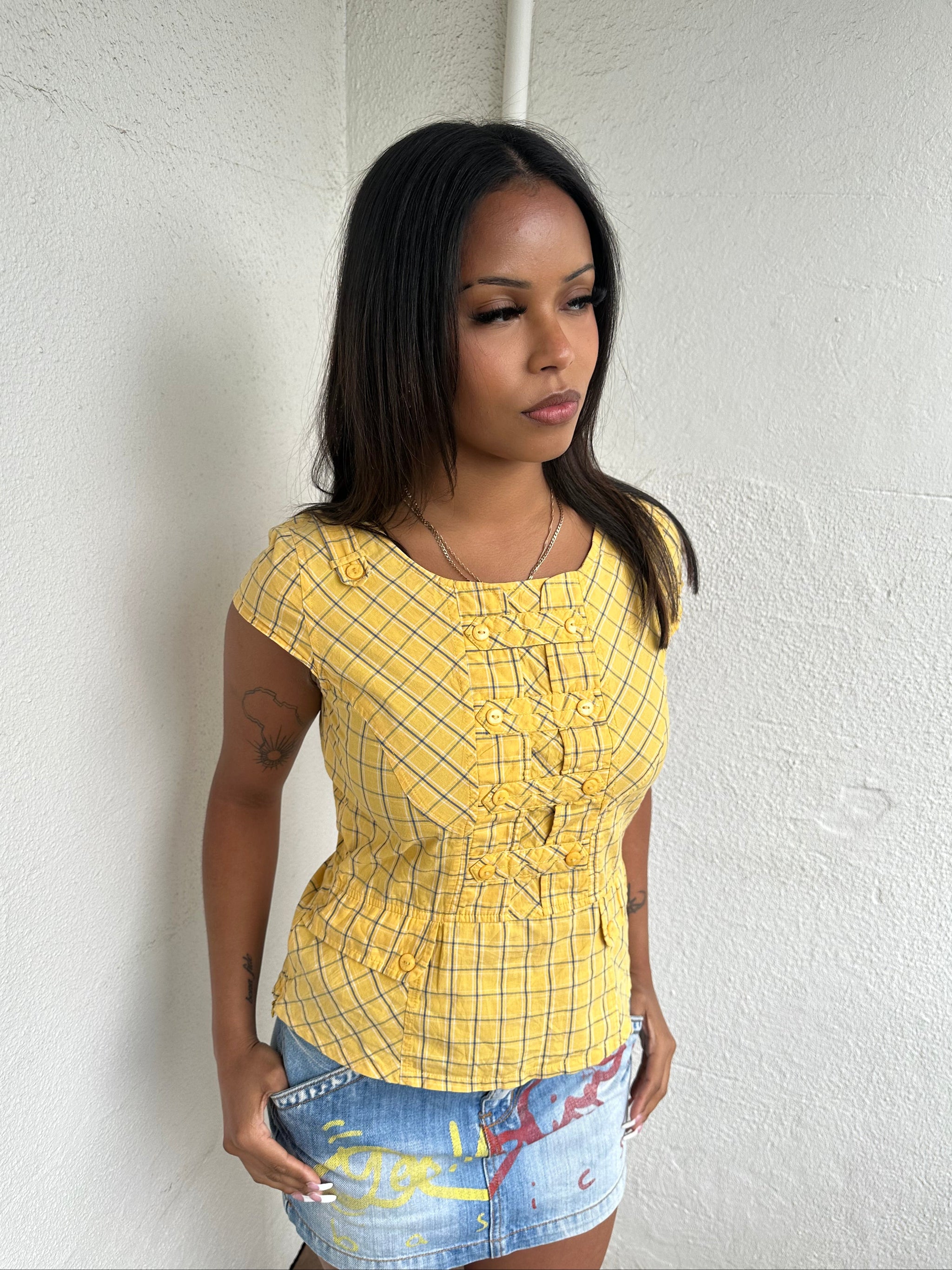 Yellow Check Button Detail Top