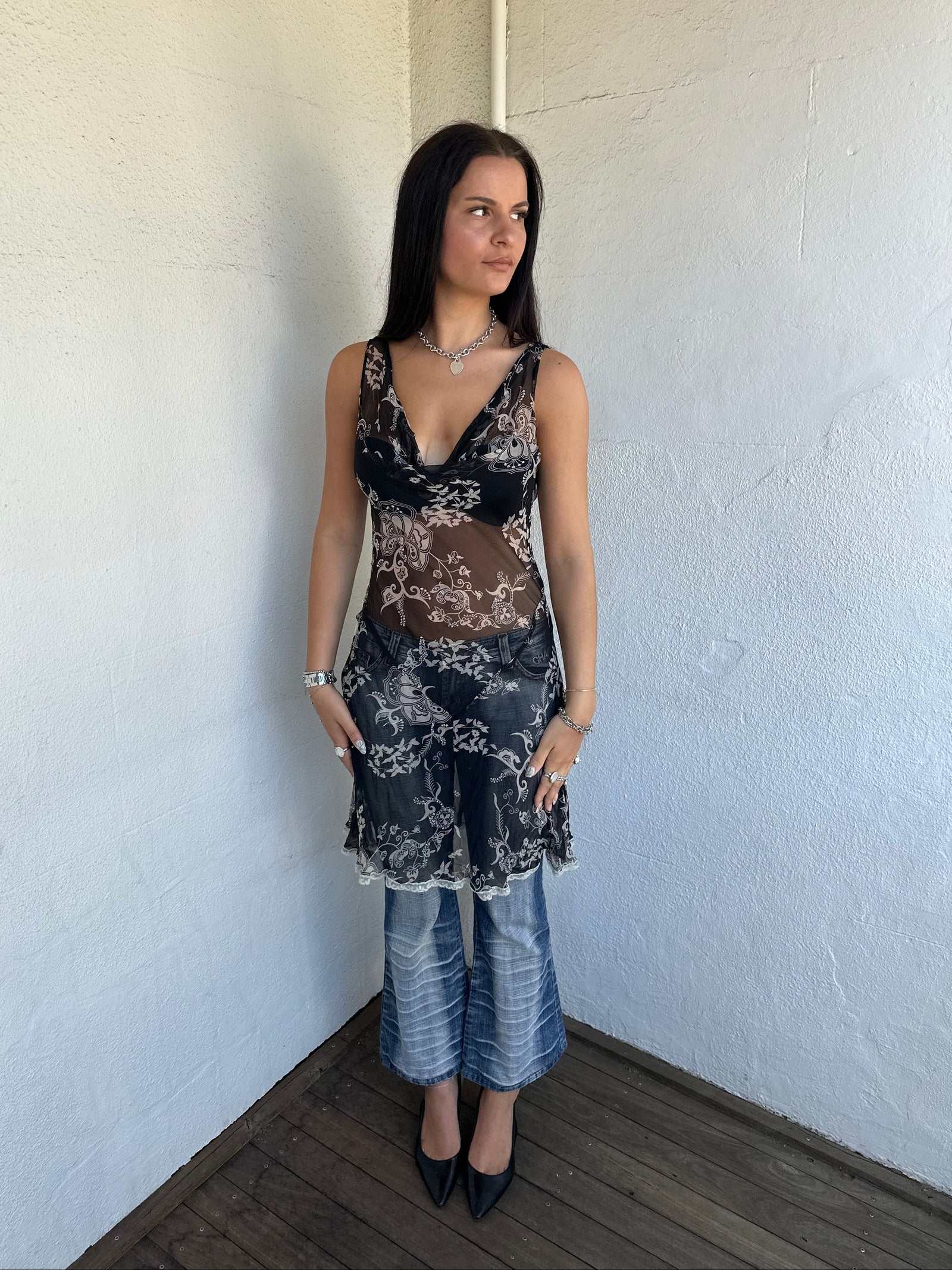 Black & Cream Patterned Sheer Dress - Size M