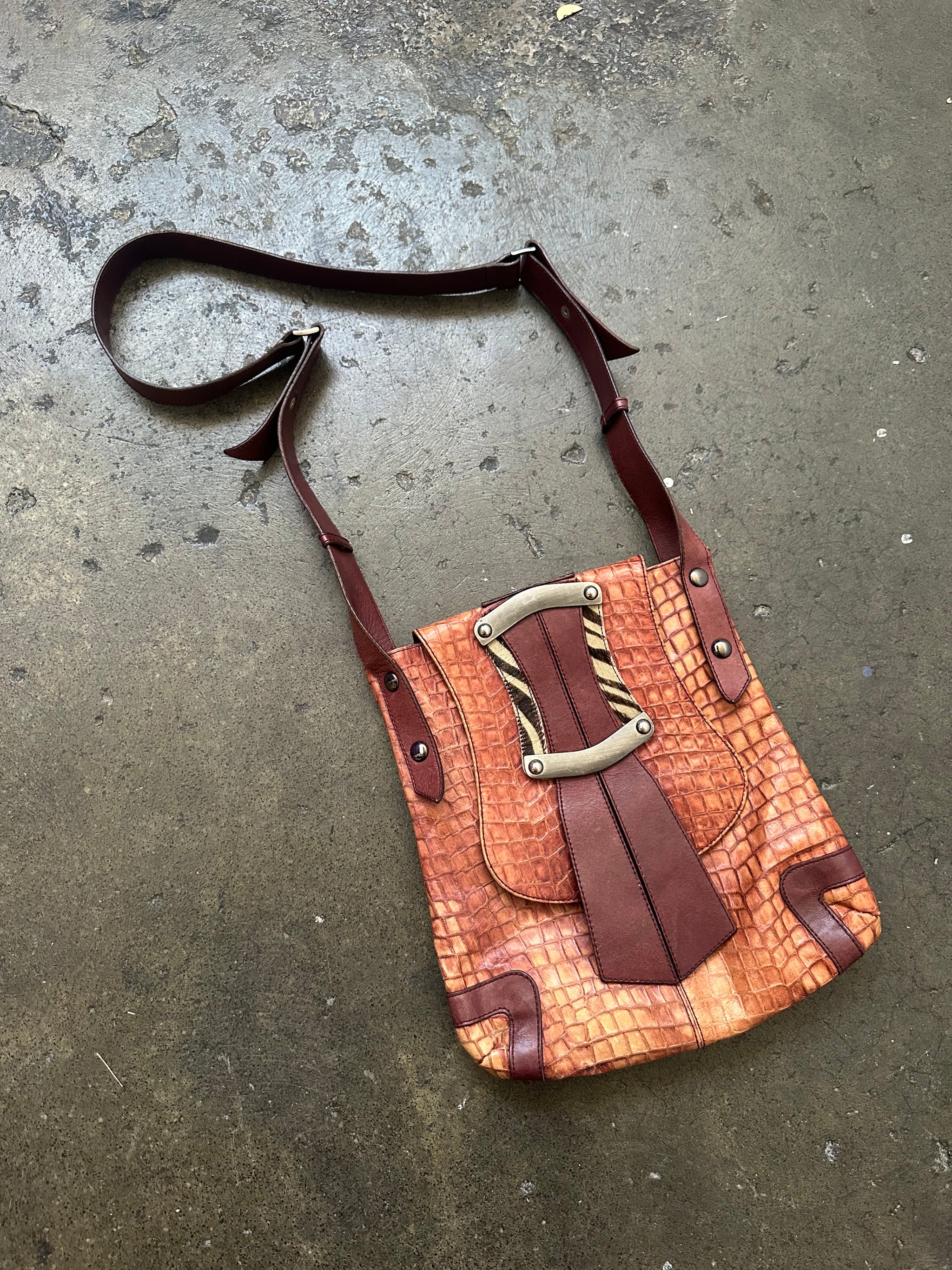 Italian Leather Light Brown Croc Satchel Bag