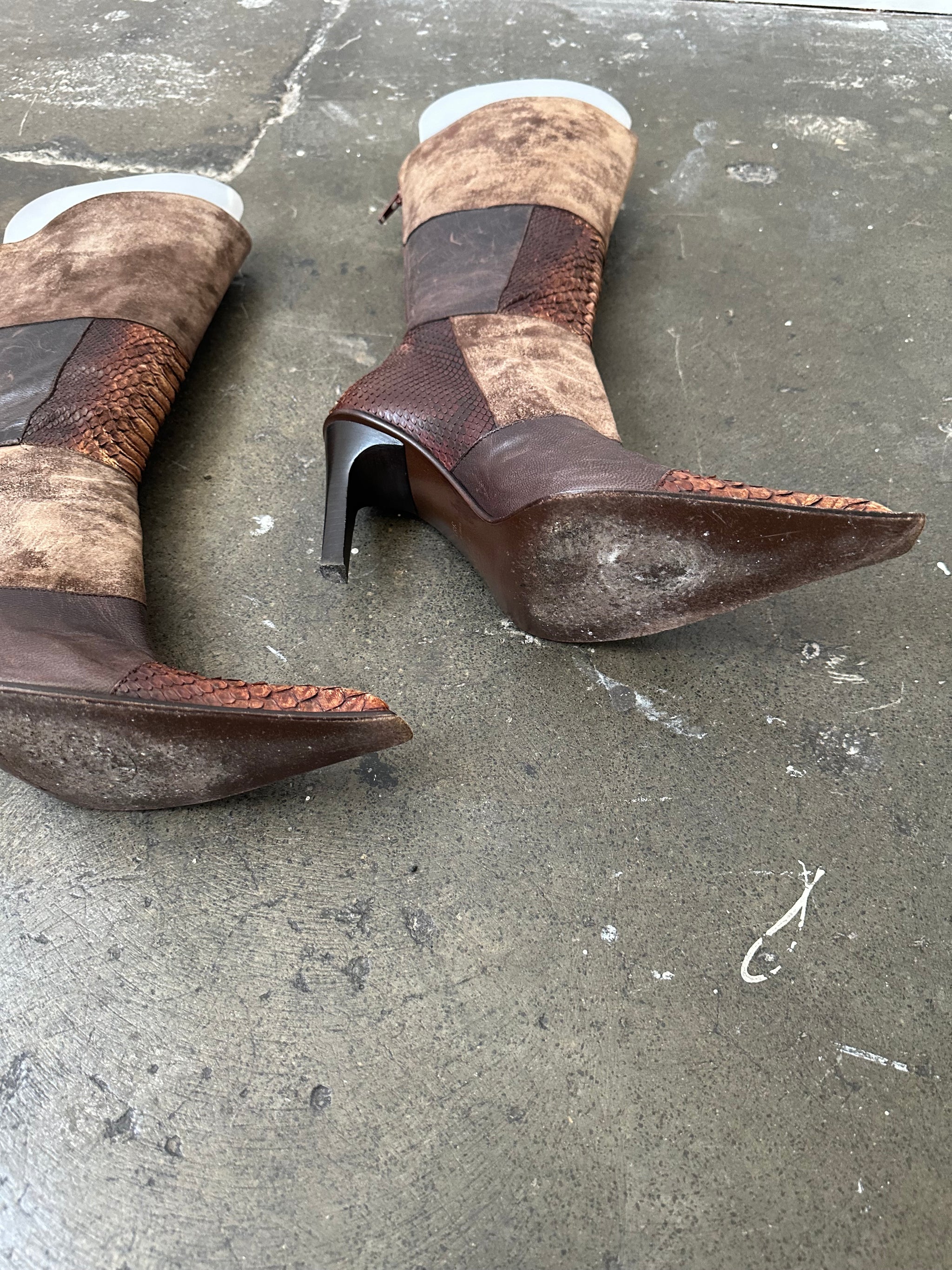 Brown Patchwork Leather Stiletto Heeled Boots - Size EU 38.5