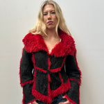 Red Faux Fur & Black Suede Coat - Size L
