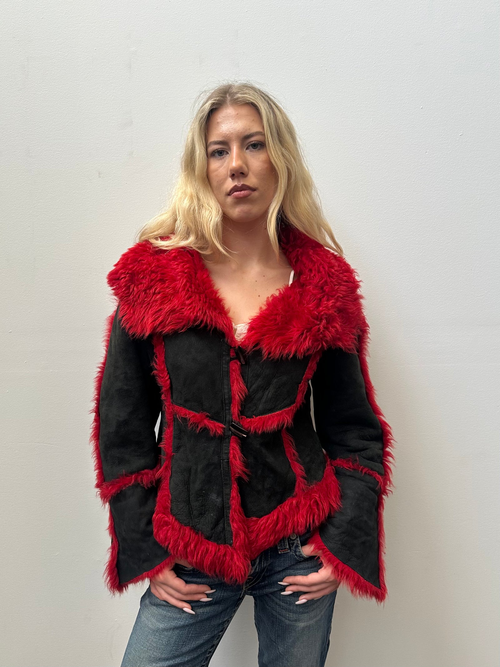 Red Faux Fur & Black Suede Coat - Size L