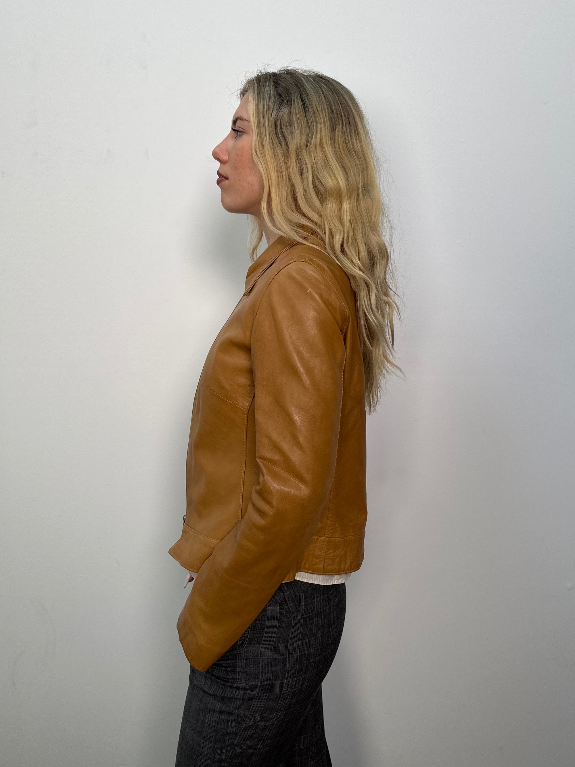Tan Double Zip Leather Jacket - Size S