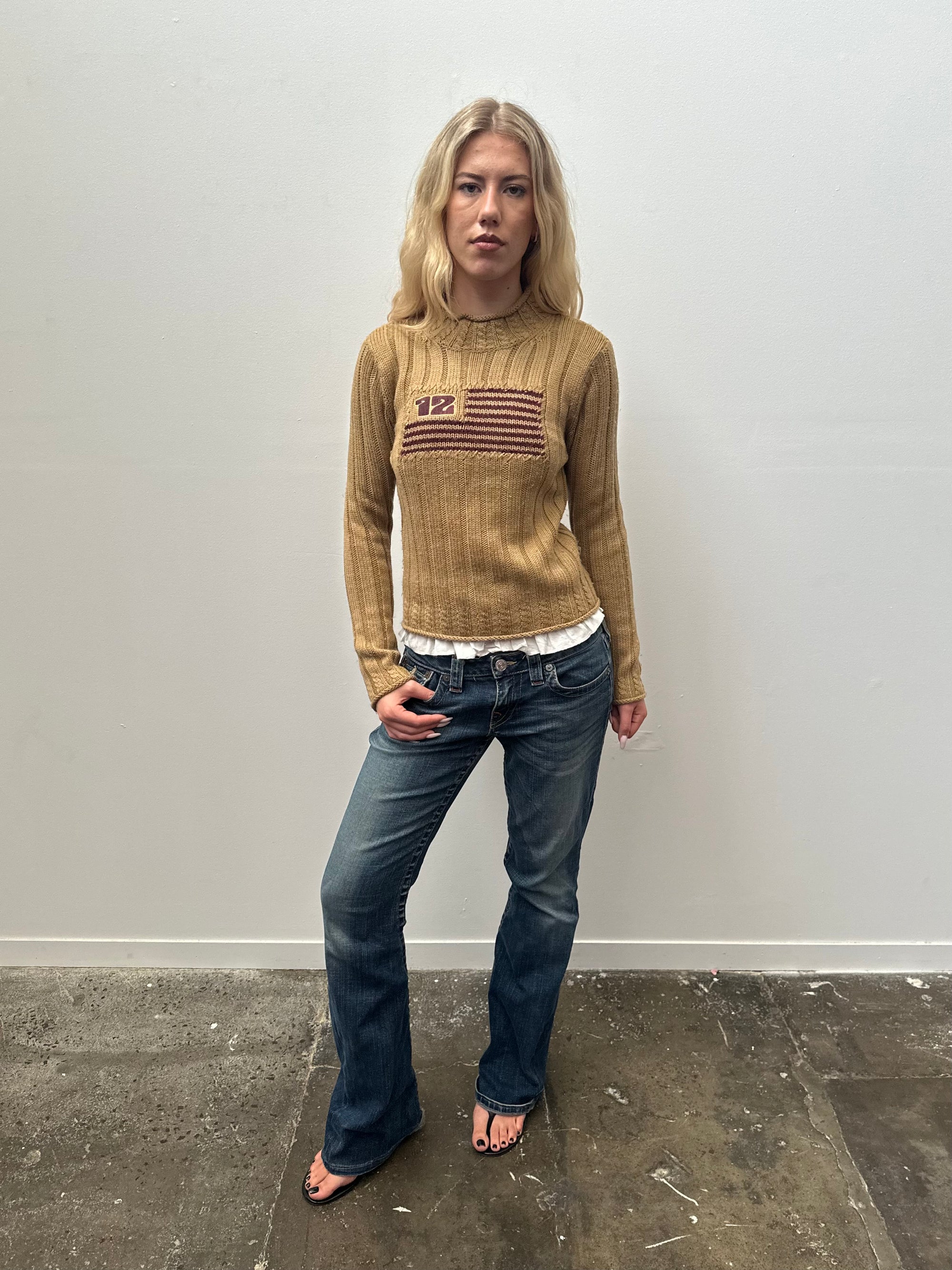 Flag Design Tan Ribbed Jumper - Size M
