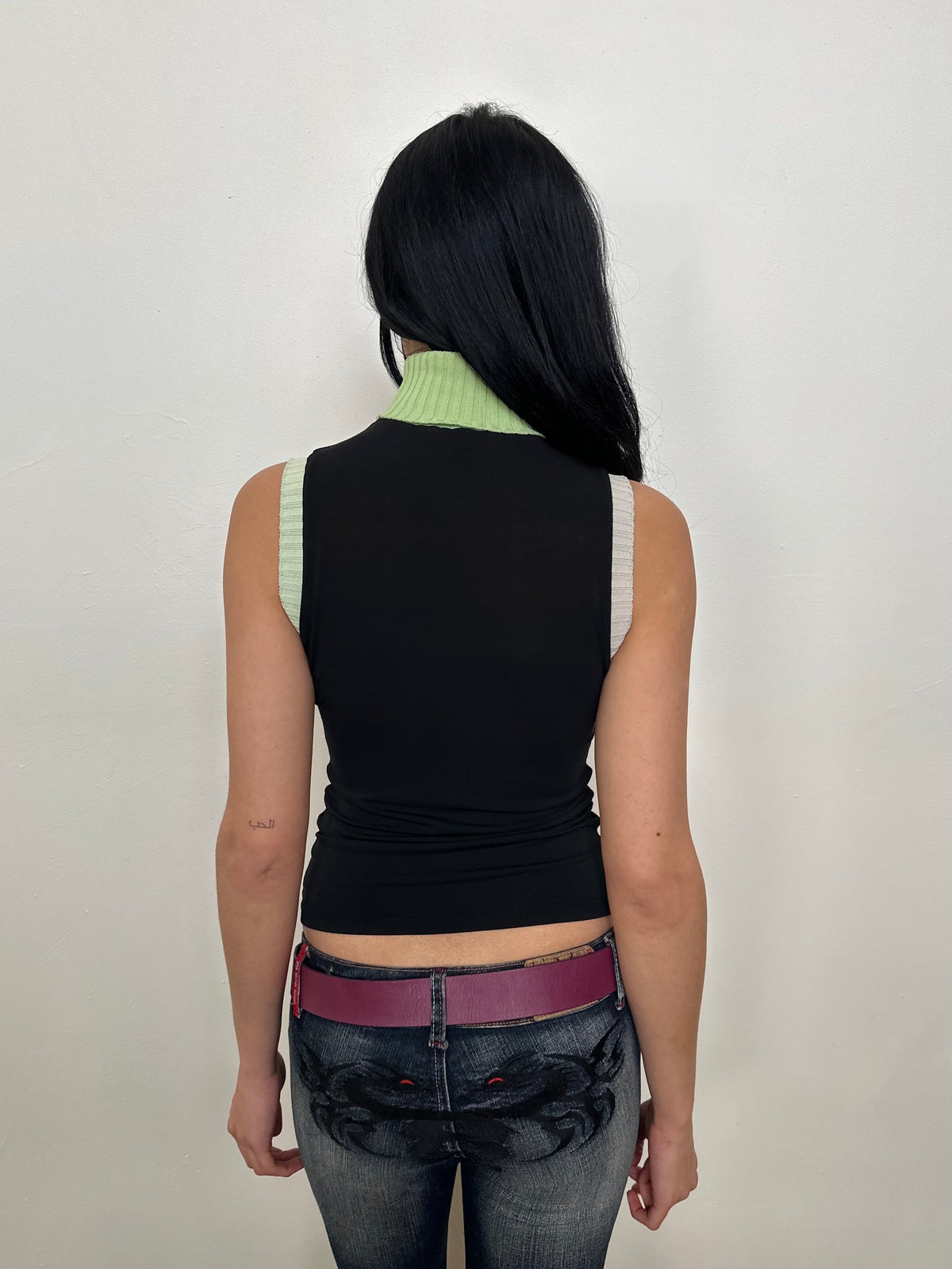 Green Turtleneck Black Mesh Tank Top - Size XS