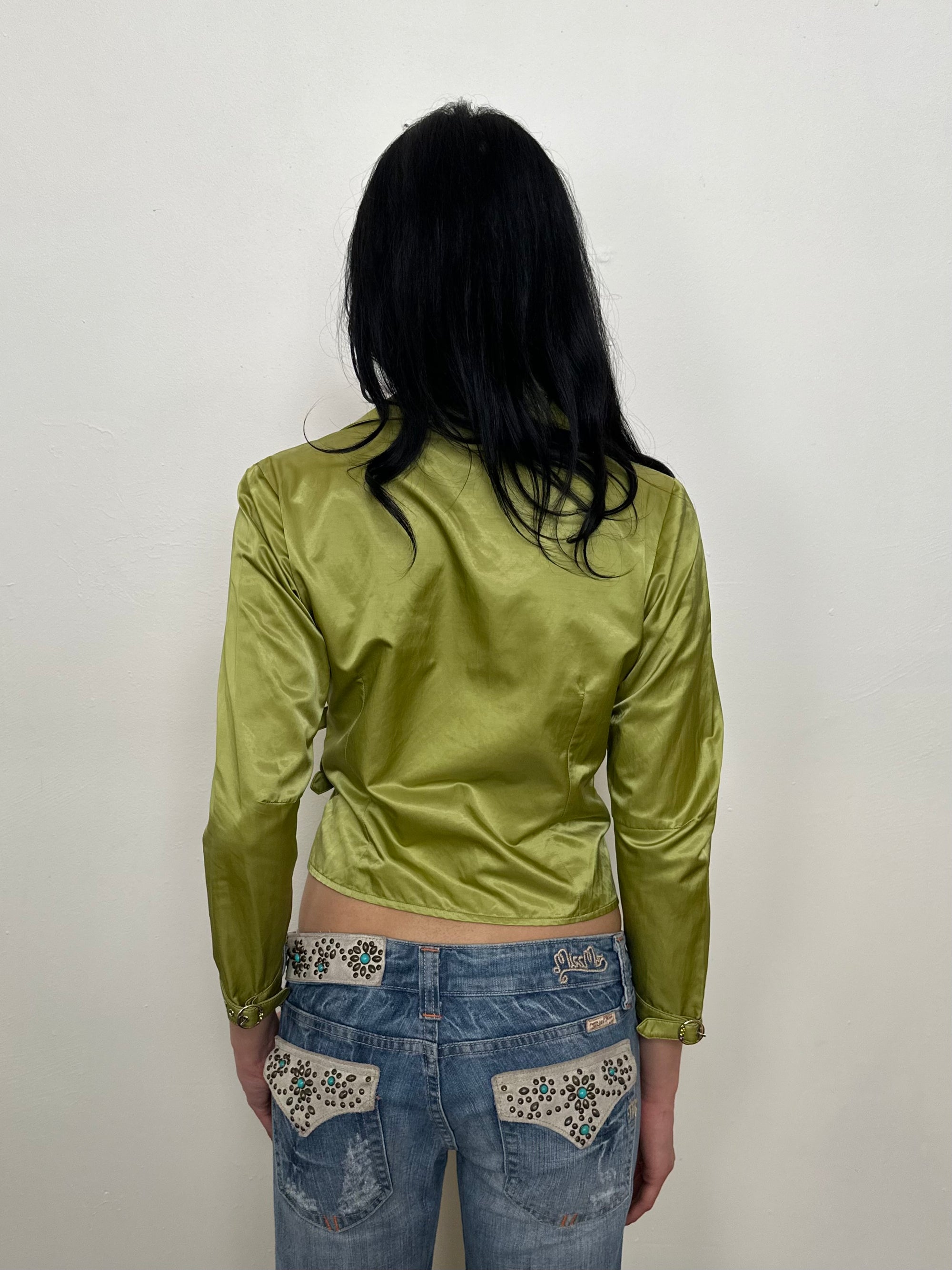 Lime Green Satin Wrap Shirt - Size M