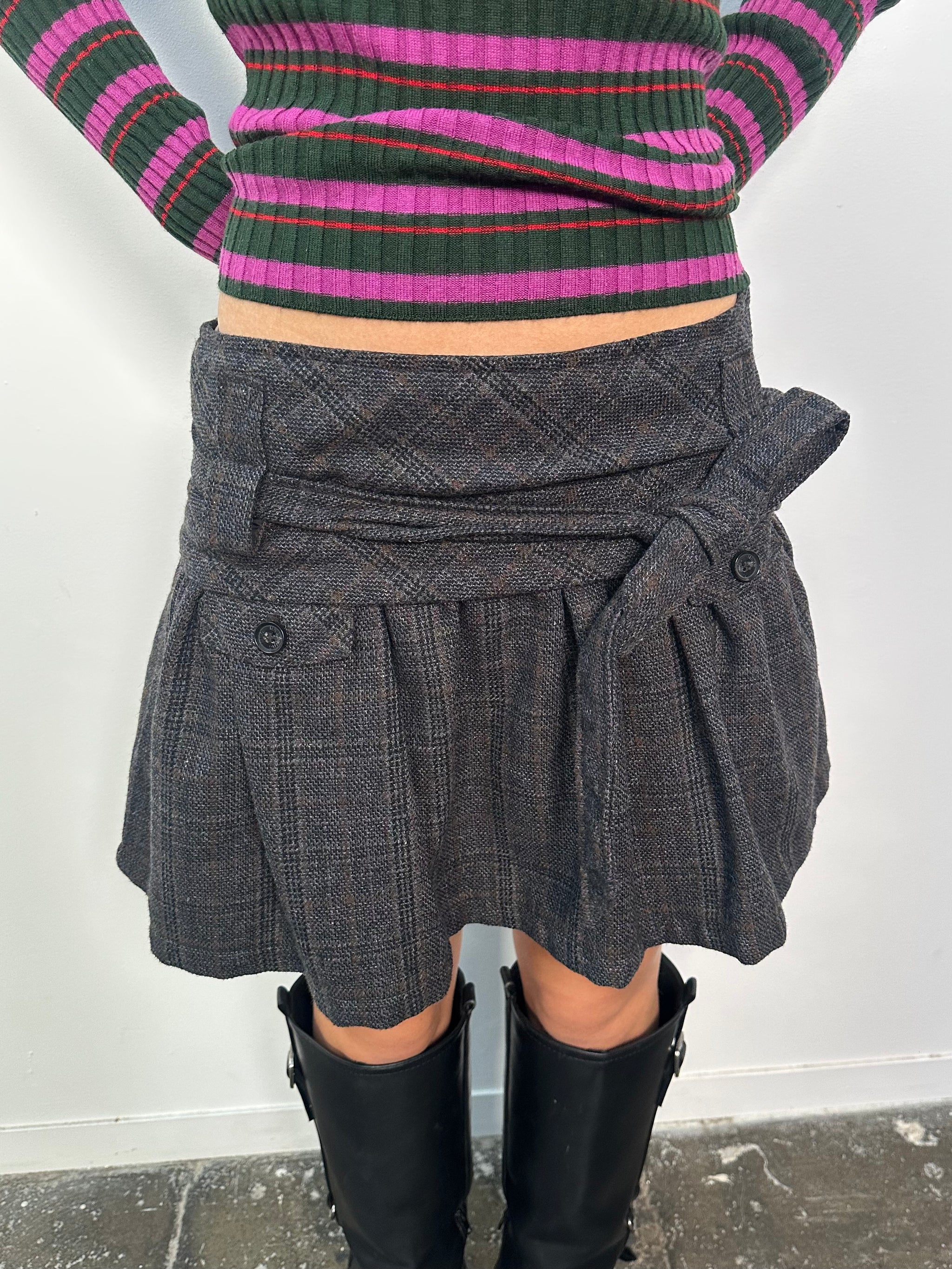Dark Grey Woven Check Mini Skirt - Size L